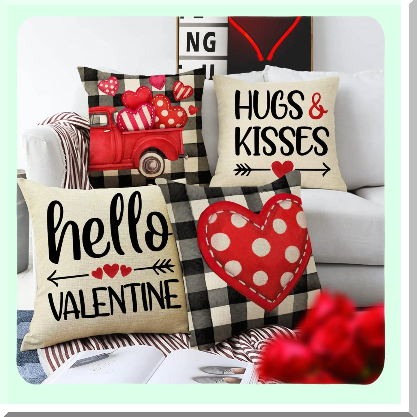 Holiday Love Decor Pillow Covers - Set of 4, Red Heart Arrow Buffalo Plaid Farmhouse Cushion Case, Polka Dots Heart Truck Sofa Couch Decoration - 18 x 18