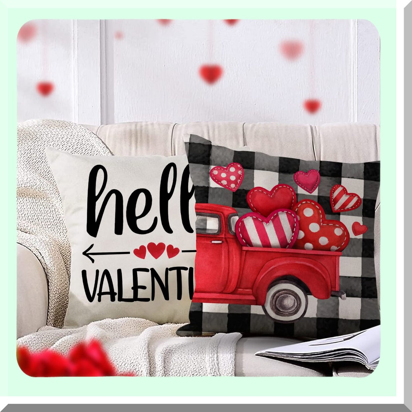Holiday Love Decor Pillow Covers - Set of 4, Red Heart Arrow Buffalo Plaid Farmhouse Cushion Case, Polka Dots Heart Truck Sofa Couch Decoration - 18 x 18