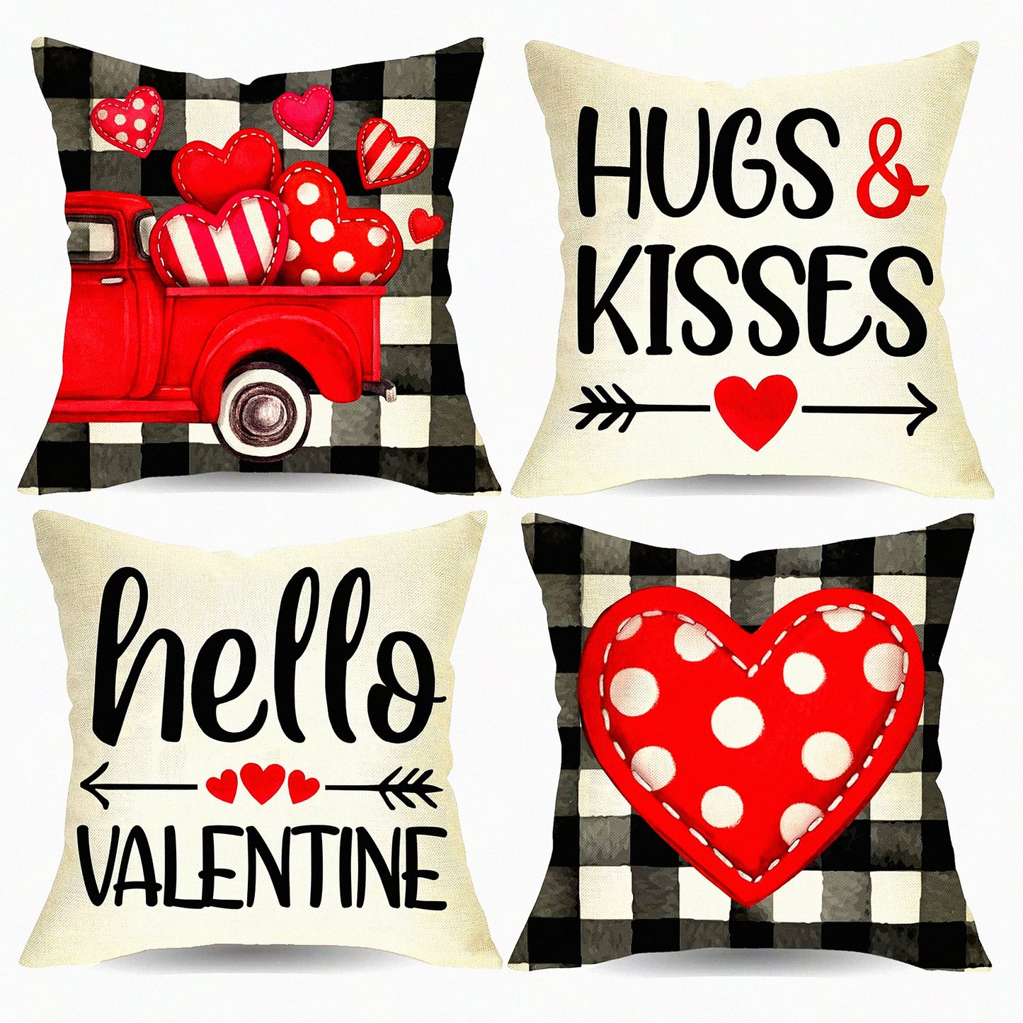 Holiday Love Decor Pillow Covers - Set of 4, Red Heart Arrow Buffalo Plaid Farmhouse Cushion Case, Polka Dots Heart Truck Sofa Couch Decoration - 18 x 18
