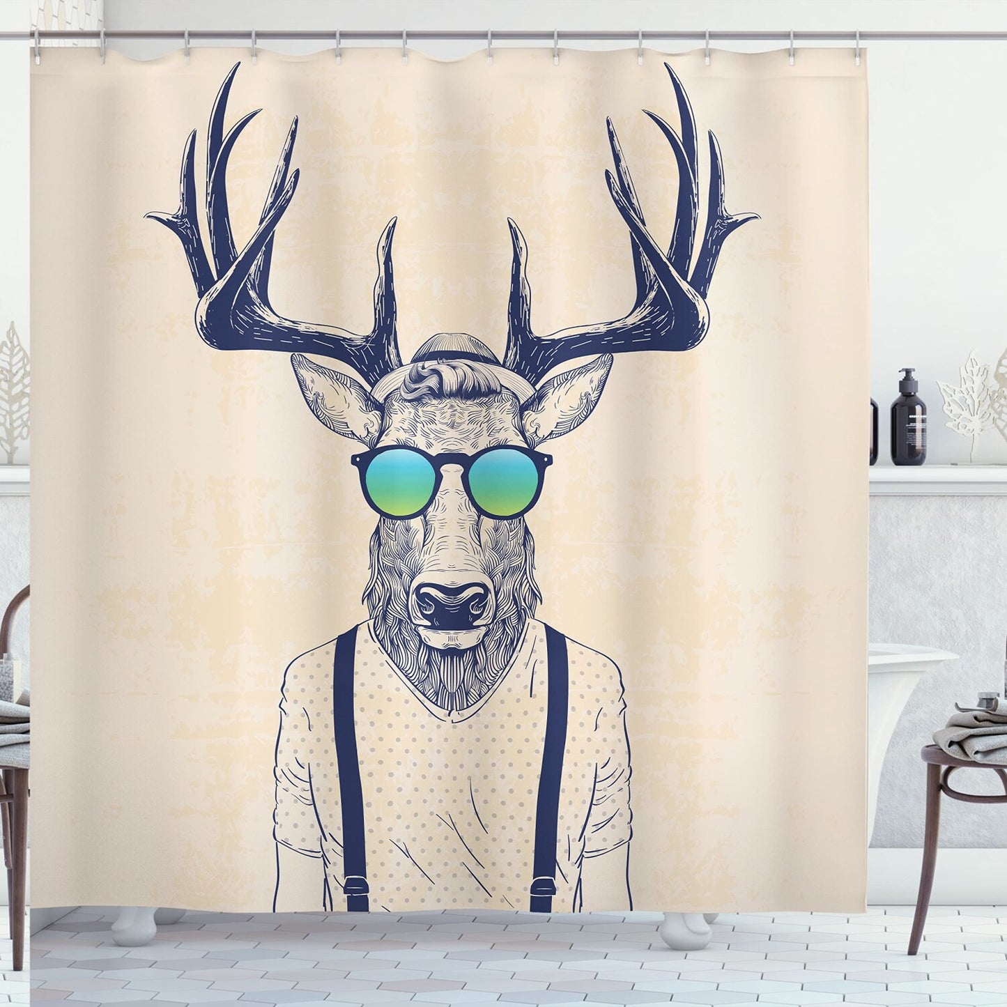 Antlers Deer Shower Curtain 69x70 Beige Blue