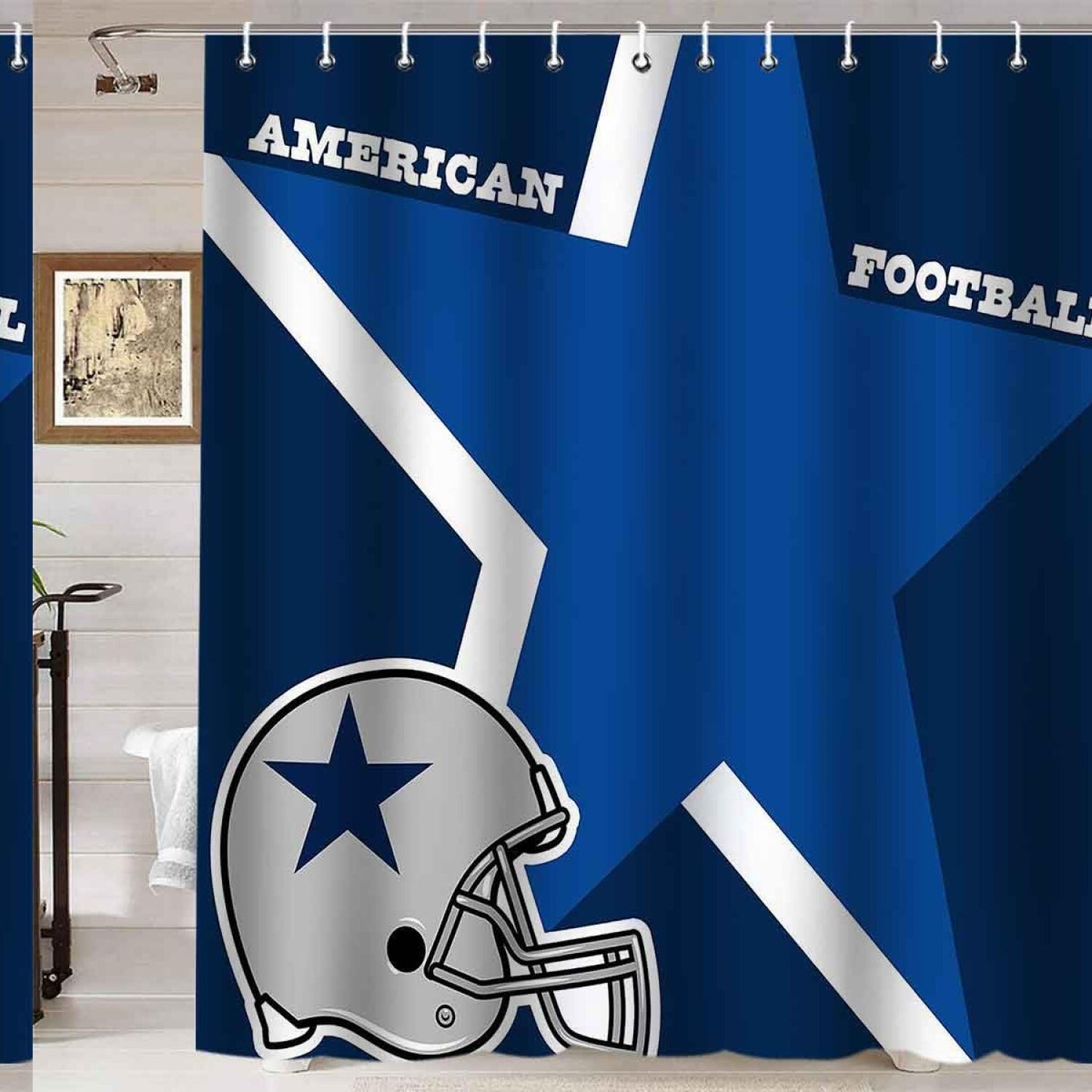 Sports Shower Curtain Navy Blue Grey Helmet White Quotes 72x72 Inch