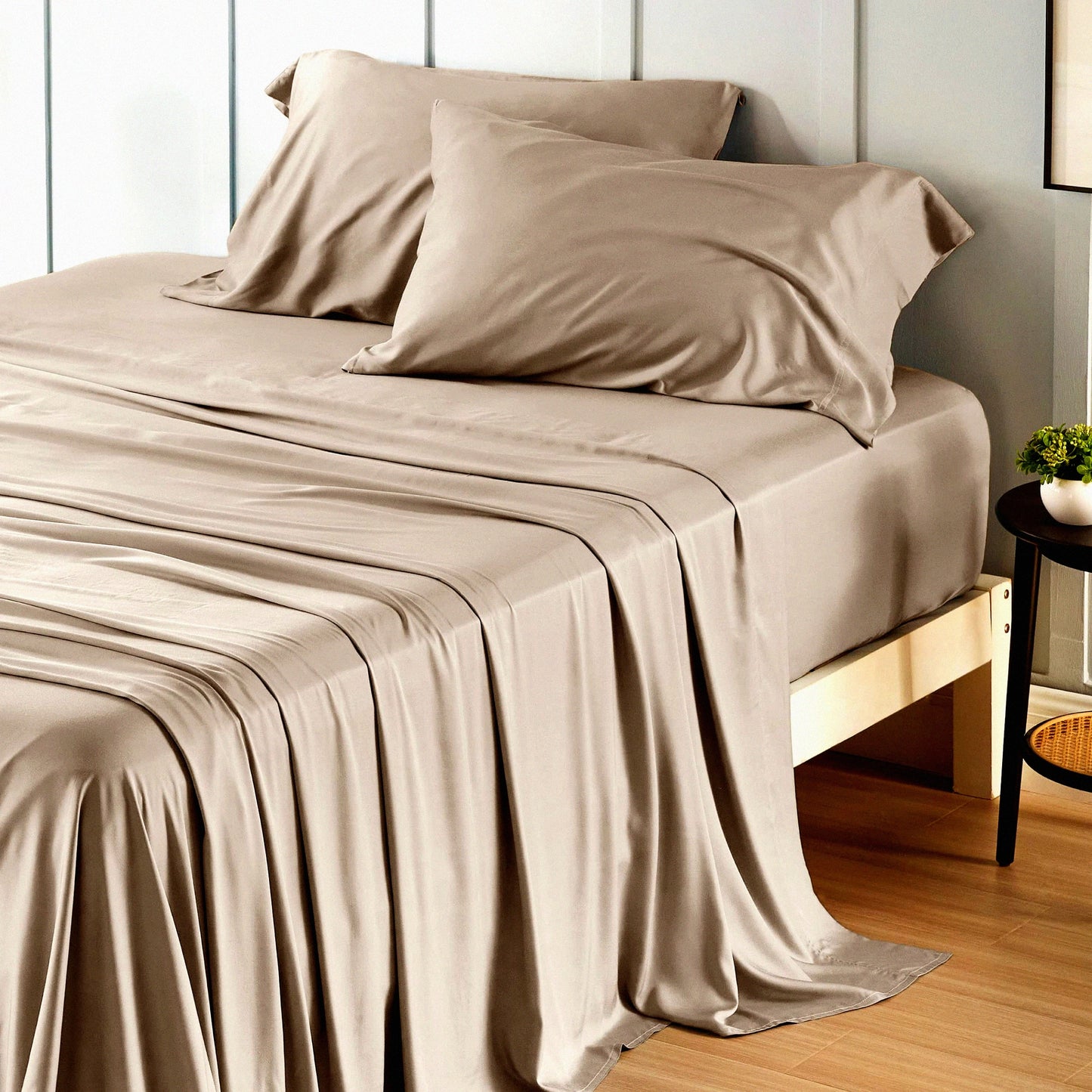 Bamboo Bliss Cooling Queen Sheet Set - Silky Soft Breathable Bedding with Deep Pockets - Hotel Luxury Simply Taupe Pillowcases - Queen Size Up to 16"