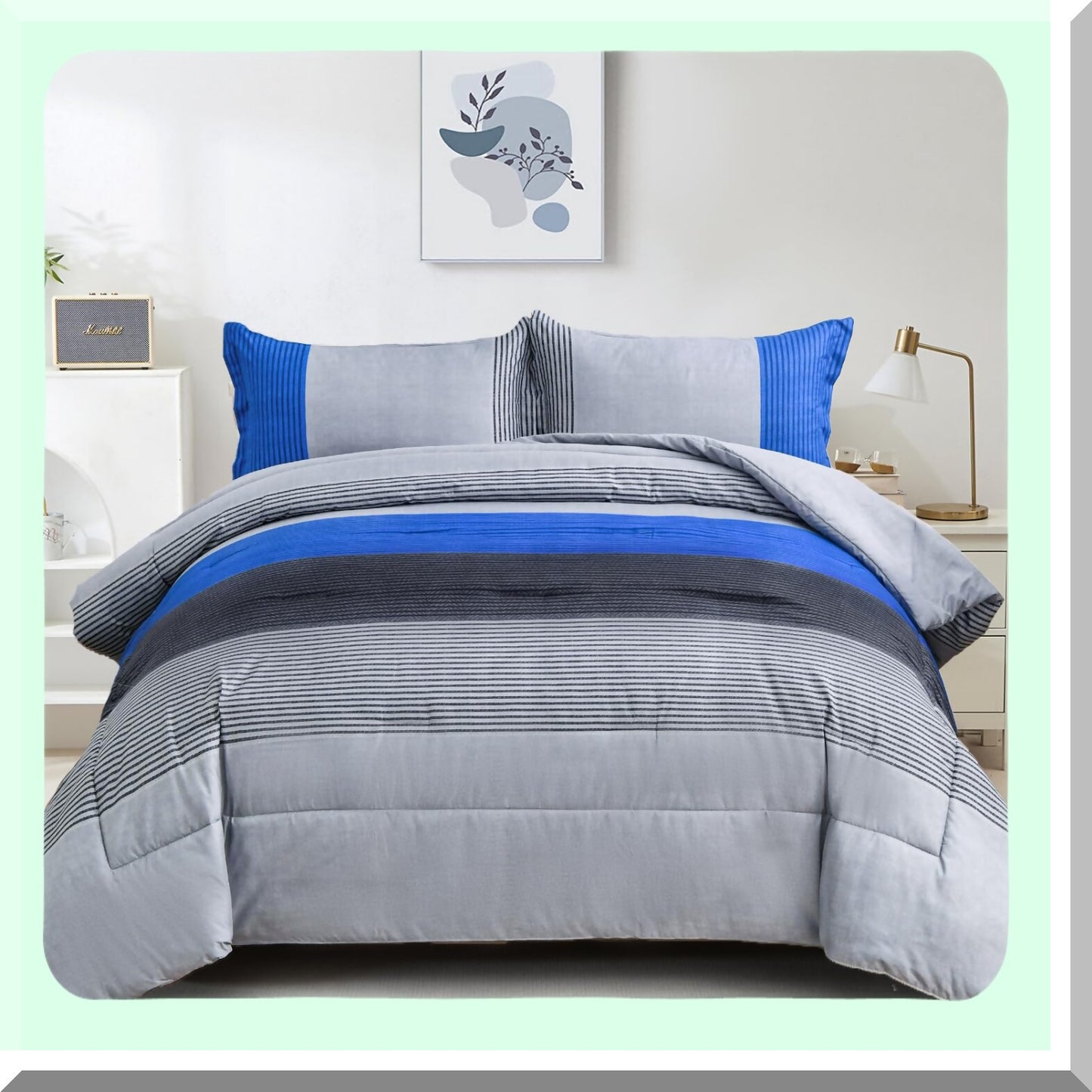 Blue Stripe Reversible Comforter Set - Twin Bedding Set with Soft Microfiber Filling - 2 Piece Duvet Set (1 Comforter + 1 Pillowcase) - Grey Blue Comforter Set