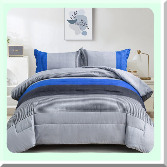 Blue Stripe Reversible Comforter Set - Twin Bedding Set with Soft Microfiber Filling - 2 Piece Duvet Set (1 Comforter + 1 Pillowcase) - Grey Blue Comforter Set