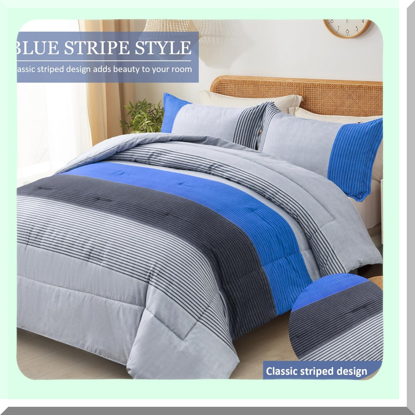 Blue Stripe Reversible Comforter Set - Twin Bedding Set with Soft Microfiber Filling - 2 Piece Duvet Set (1 Comforter + 1 Pillowcase) - Grey Blue Comforter Set