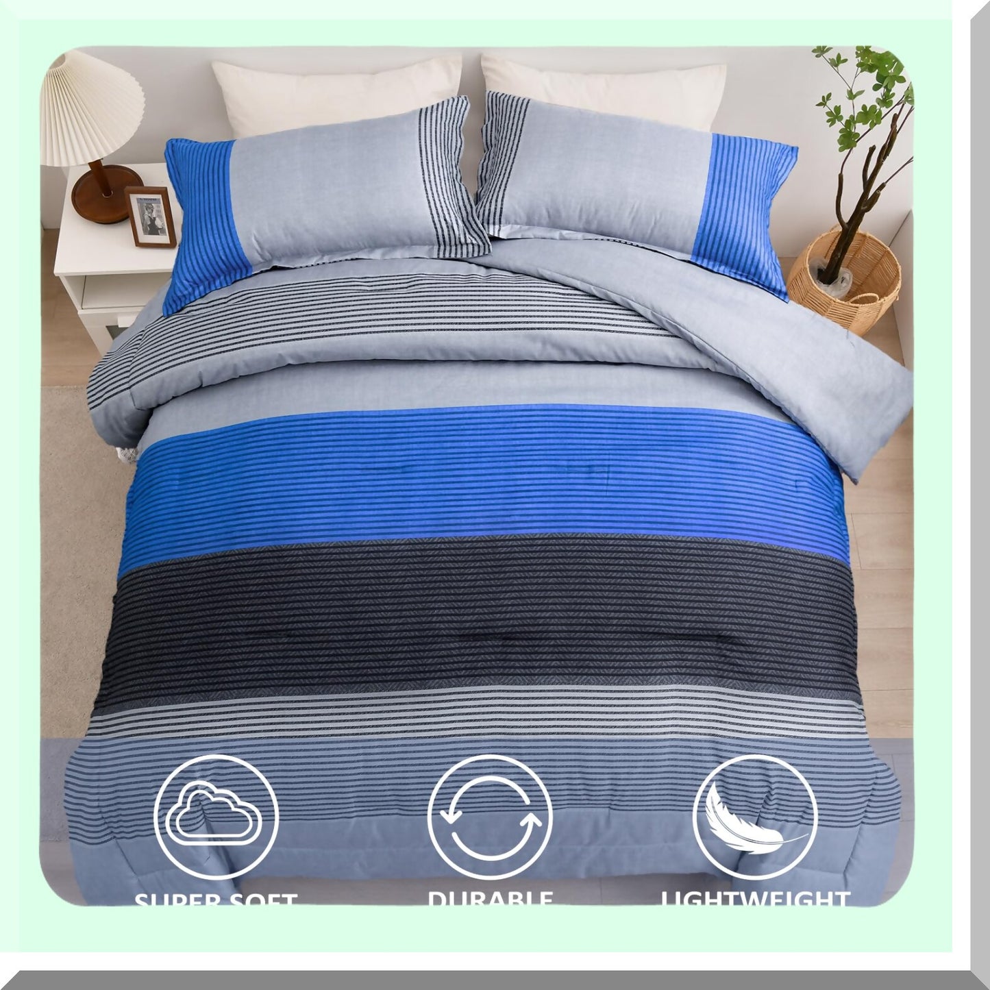 Blue Stripe Reversible Comforter Set - Twin Bedding Set with Soft Microfiber Filling - 2 Piece Duvet Set (1 Comforter + 1 Pillowcase) - Grey Blue Comforter Set