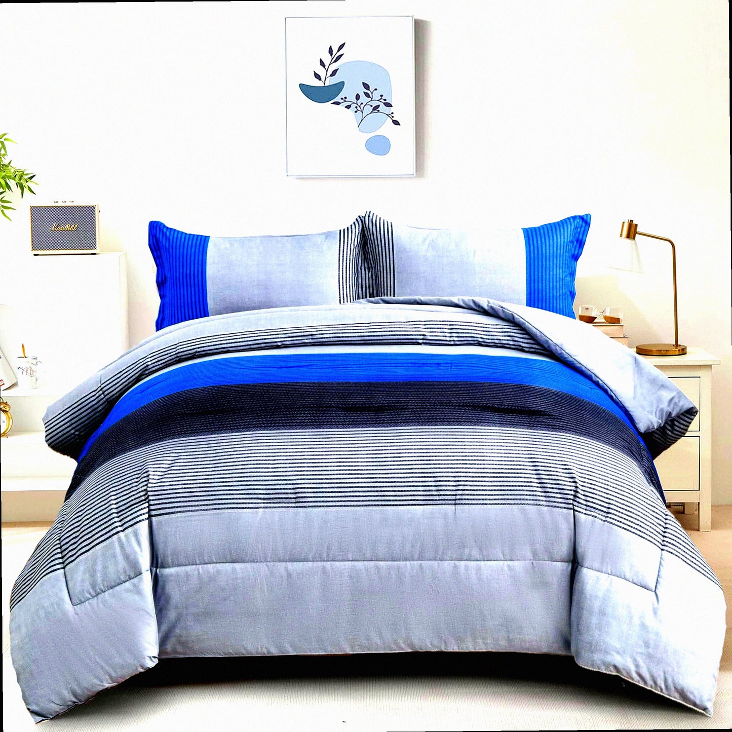Blue Stripe Reversible Comforter Set - Twin Bedding Set with Soft Microfiber Filling - 2 Piece Duvet Set (1 Comforter + 1 Pillowcase) - Grey Blue Comforter Set