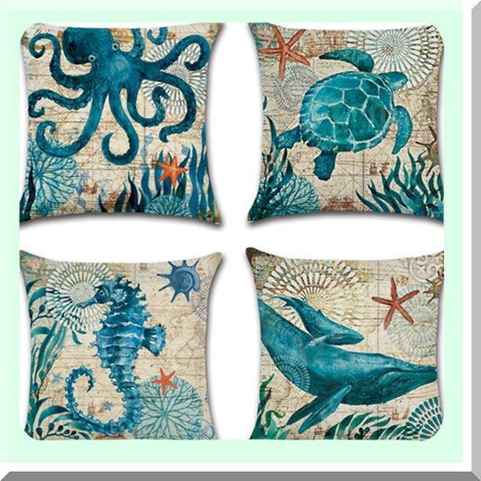 Coastal Breeze Nautical Pillowcase Set - Mediterranean Sea Theme Decorative Cushion Covers for 18x18 Inch Inserts - Cotton Linen Square Throw Pillow Covers, Pack of 4