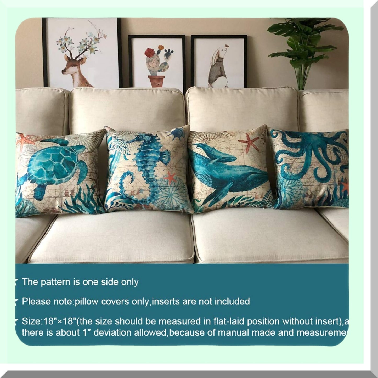 Coastal Breeze Nautical Pillowcase Set - Mediterranean Sea Theme Decorative Cushion Covers for 18x18 Inch Inserts - Cotton Linen Square Throw Pillow Covers, Pack of 4