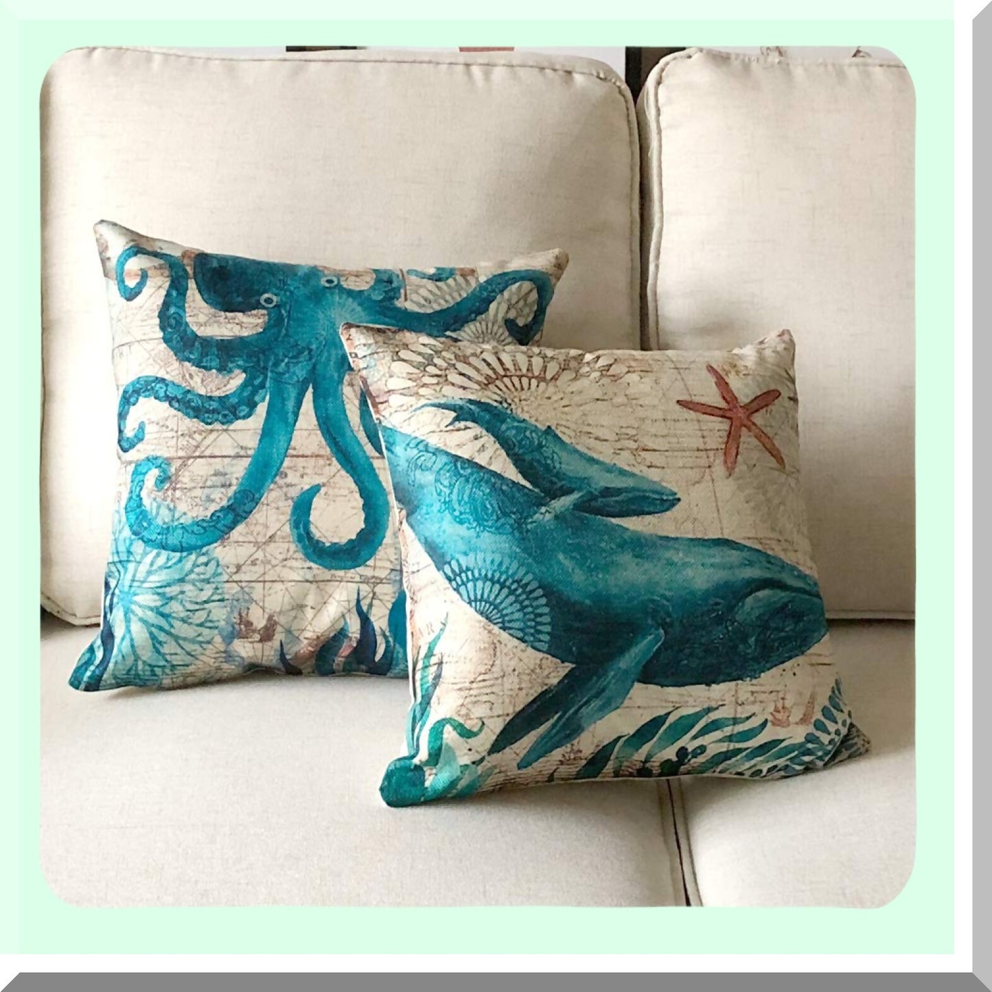 Coastal Breeze Nautical Pillowcase Set - Mediterranean Sea Theme Decorative Cushion Covers for 18x18 Inch Inserts - Cotton Linen Square Throw Pillow Covers, Pack of 4