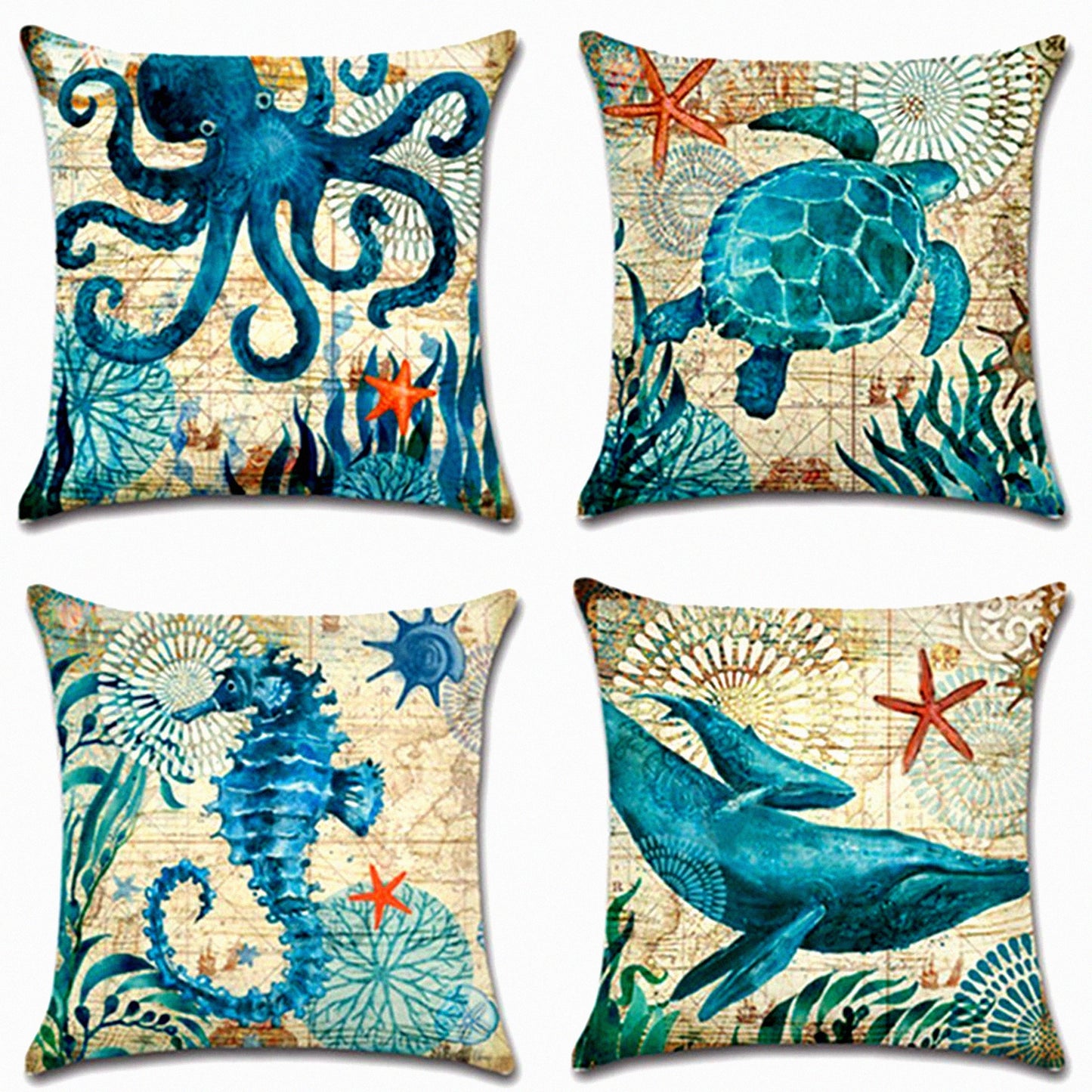 Coastal Breeze Nautical Pillowcase Set - Mediterranean Sea Theme Decorative Cushion Covers for 18x18 Inch Inserts - Cotton Linen Square Throw Pillow Covers, Pack of 4