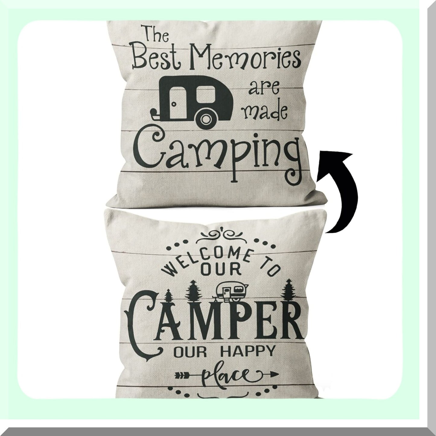 Happy Camper Reversible Pillow Cover - 18x18 Decorations for RV Owners - Cozy Camper Gifts - Interior Decor for Travel Trailers - Camping Theme Pillow Case