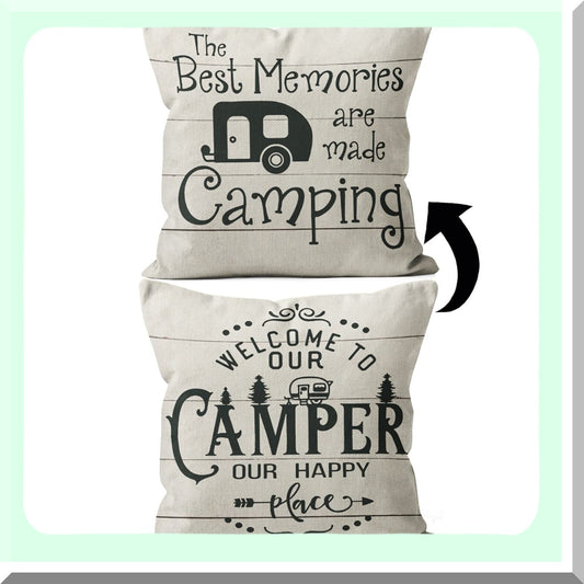 Happy Camper Reversible Pillow Cover - 18x18 Decorations for RV Owners - Cozy Camper Gifts - Interior Decor for Travel Trailers - Camping Theme Pillow Case