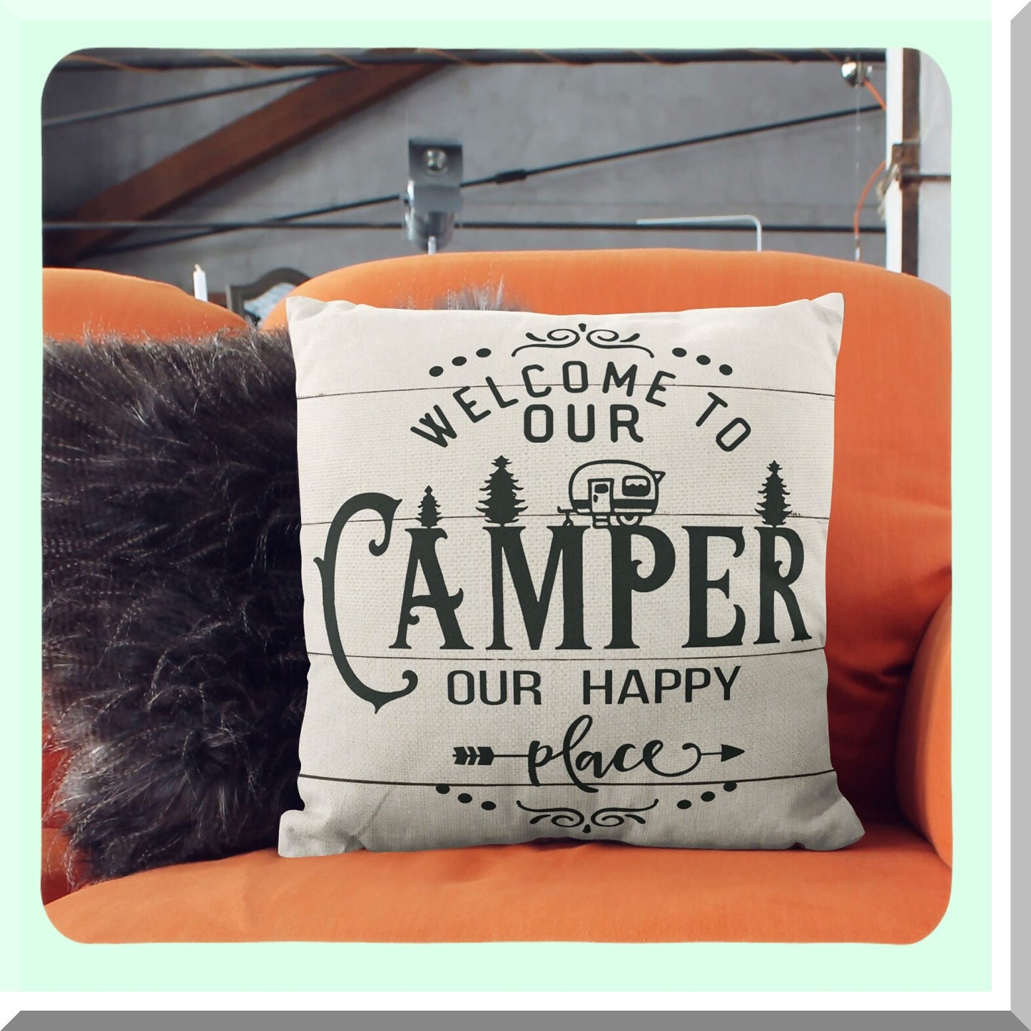 Happy Camper Reversible Pillow Cover - 18x18 Decorations for RV Owners - Cozy Camper Gifts - Interior Decor for Travel Trailers - Camping Theme Pillow Case