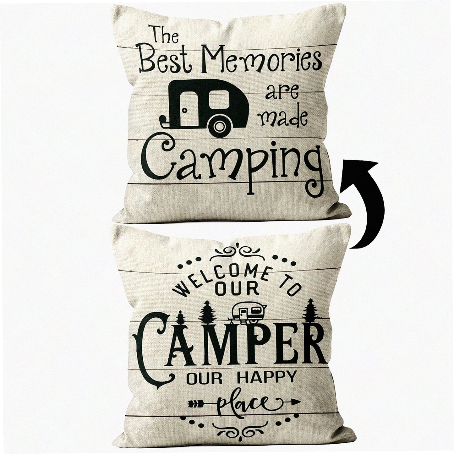Happy Camper Reversible Pillow Cover - 18x18 Decorations for RV Owners - Cozy Camper Gifts - Interior Decor for Travel Trailers - Camping Theme Pillow Case