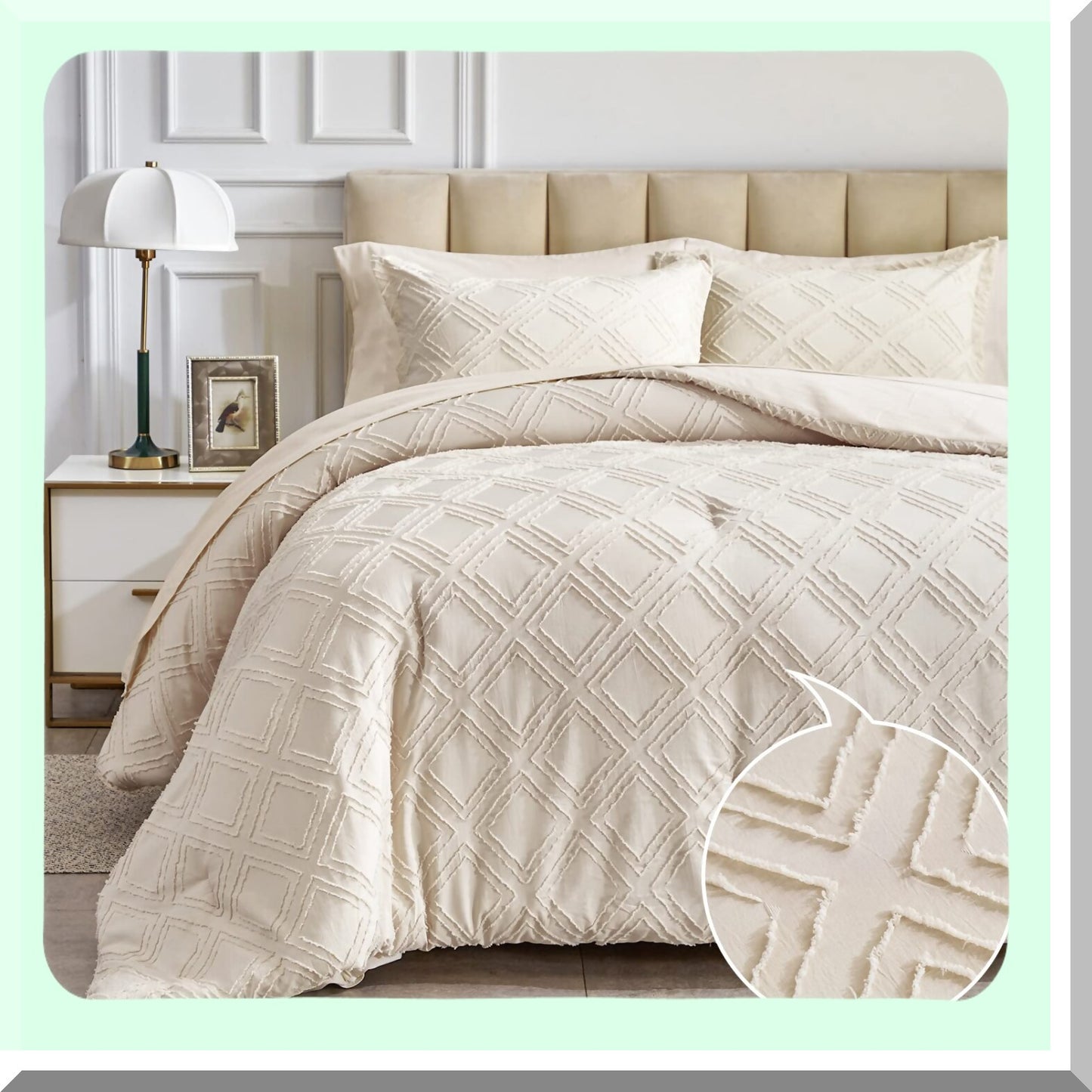 Diamond Chic Jacquard Tufted Bedding Set - 7 Piece Queen Comforter Set with Sheets in Beige. Soft Embroidery, Boho Bohemian Luxury for All Seasons.