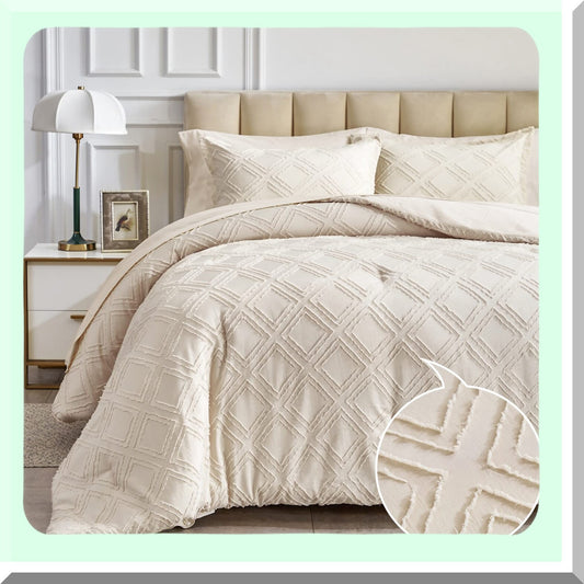 Diamond Chic Jacquard Tufted Bedding Set - 7 Piece Queen Comforter Set with Sheets in Beige. Soft Embroidery, Boho Bohemian Luxury for All Seasons.