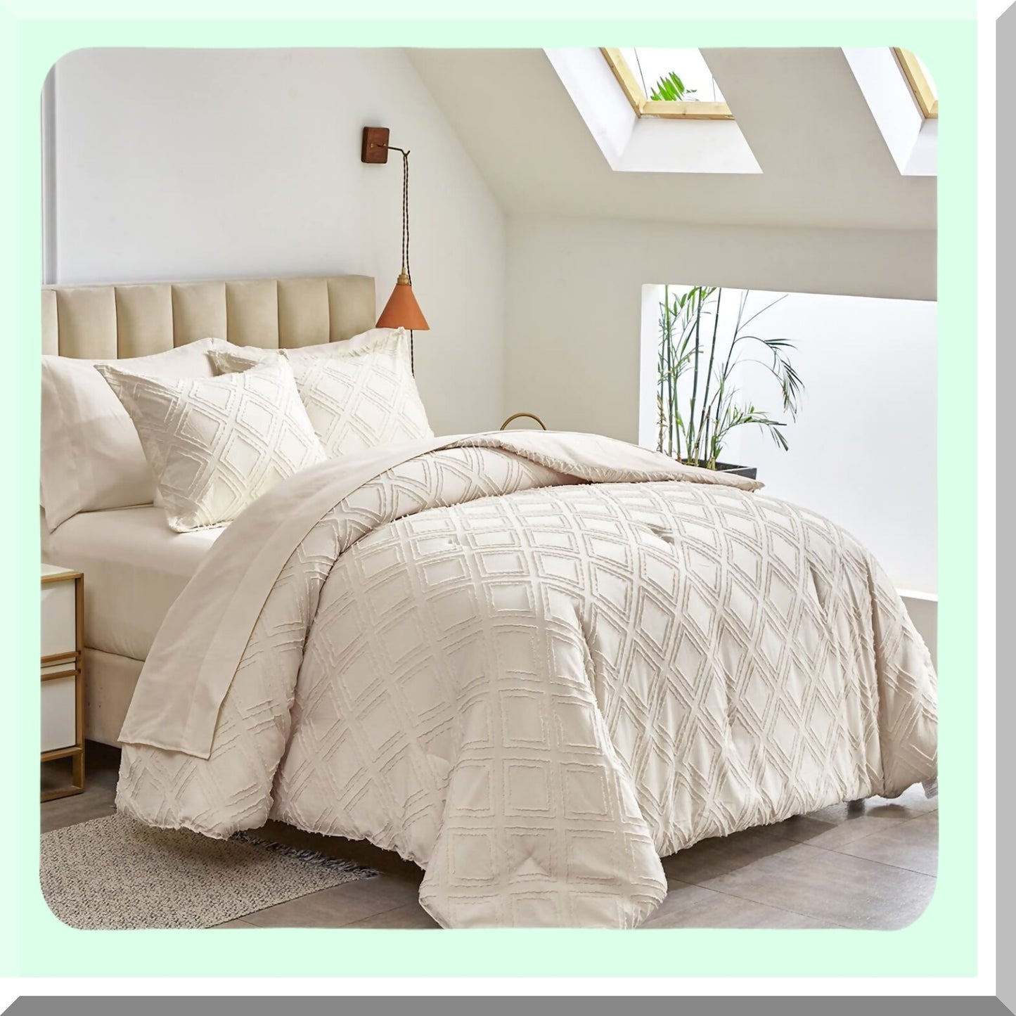 Diamond Chic Jacquard Tufted Bedding Set - 7 Piece Queen Comforter Set with Sheets in Beige. Soft Embroidery, Boho Bohemian Luxury for All Seasons.