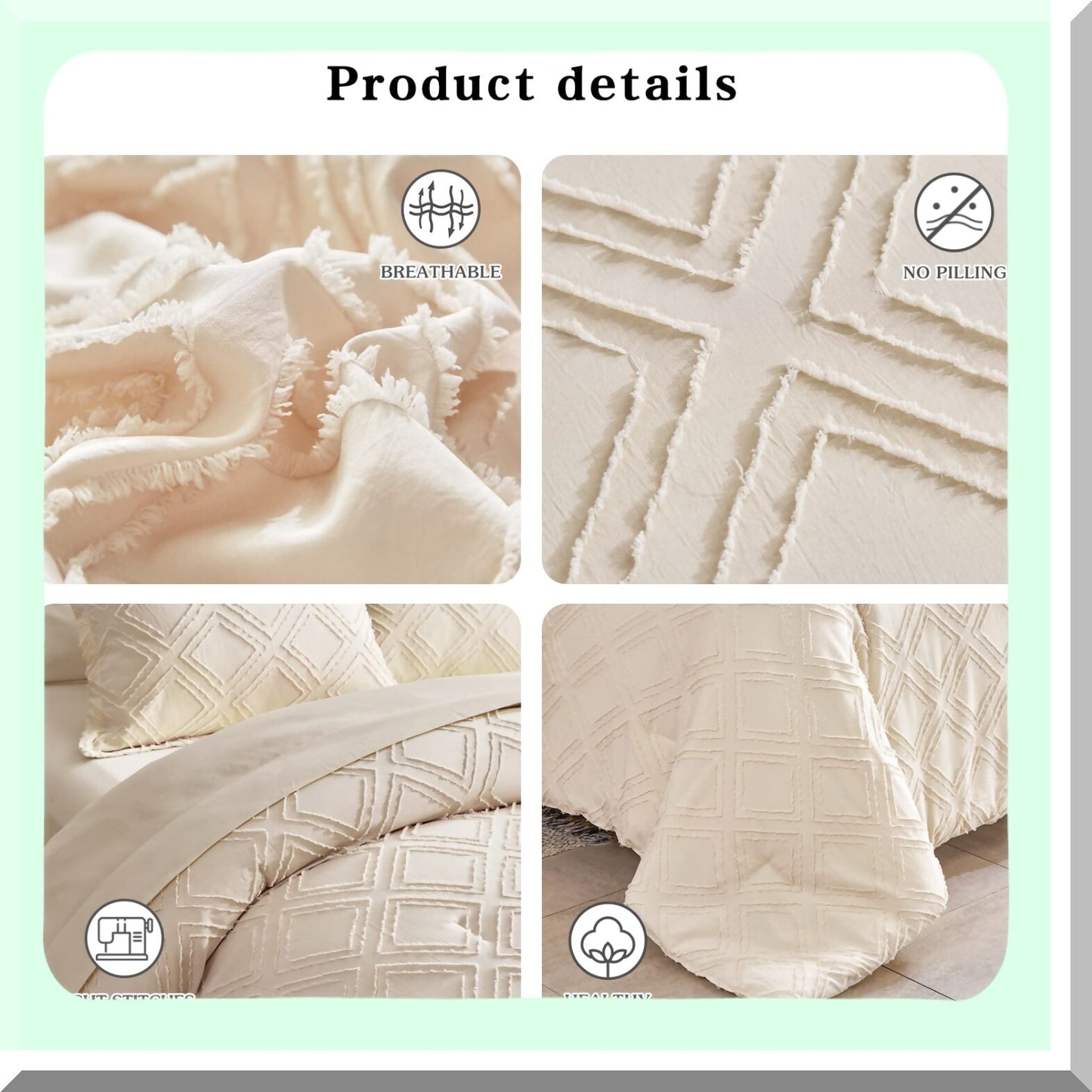 Diamond Chic Jacquard Tufted Bedding Set - 7 Piece Queen Comforter Set with Sheets in Beige. Soft Embroidery, Boho Bohemian Luxury for All Seasons.