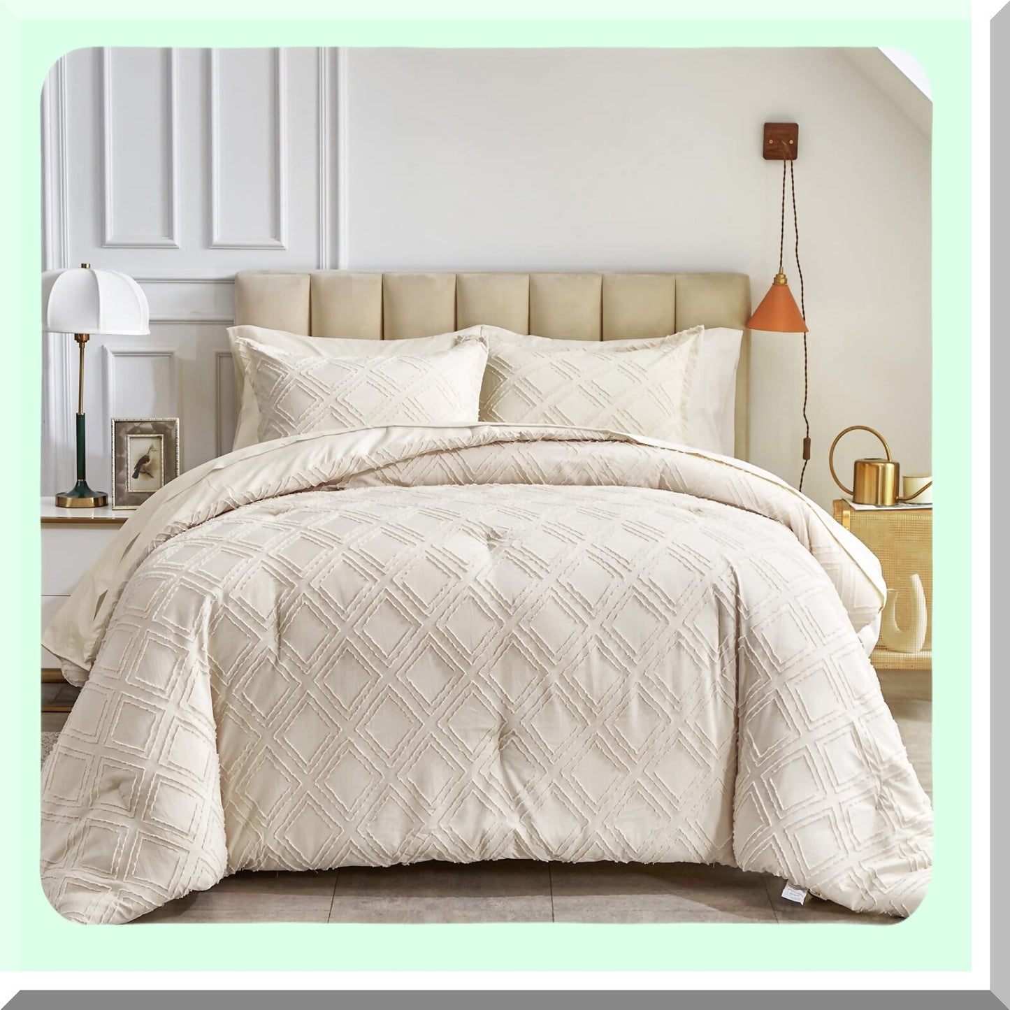 Diamond Chic Jacquard Tufted Bedding Set - 7 Piece Queen Comforter Set with Sheets in Beige. Soft Embroidery, Boho Bohemian Luxury for All Seasons.