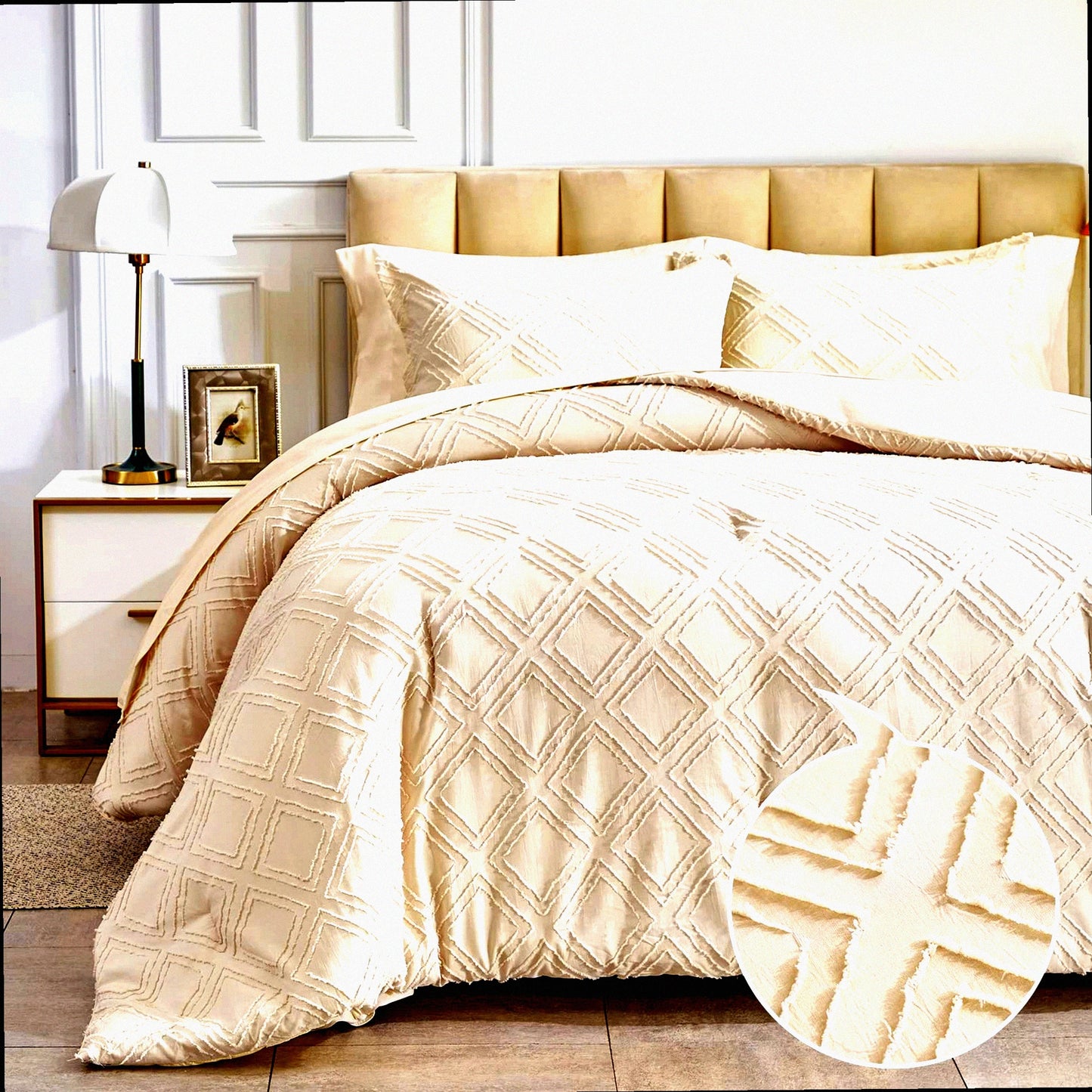 Diamond Chic Jacquard Tufted Bedding Set - 7 Piece Queen Comforter Set with Sheets in Beige. Soft Embroidery, Boho Bohemian Luxury for All Seasons.
