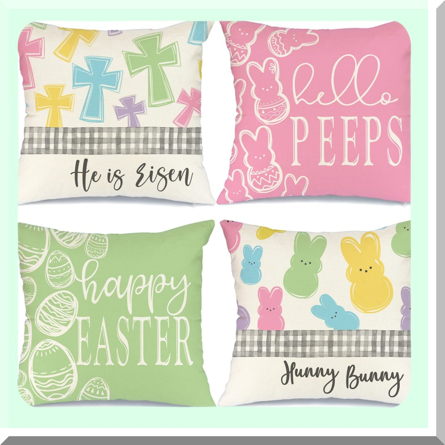Springtime Joy Pillow Covers - Set of 4 Easter Decorative Cushion Cases 18x18 - Hello Peeps, He is Risen Cross, Hunny Bunny Design for Couch - G205-18