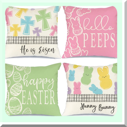 Springtime Joy Pillow Covers - Set of 4 Easter Decorative Cushion Cases 18x18 - Hello Peeps, He is Risen Cross, Hunny Bunny Design for Couch - G205-18
