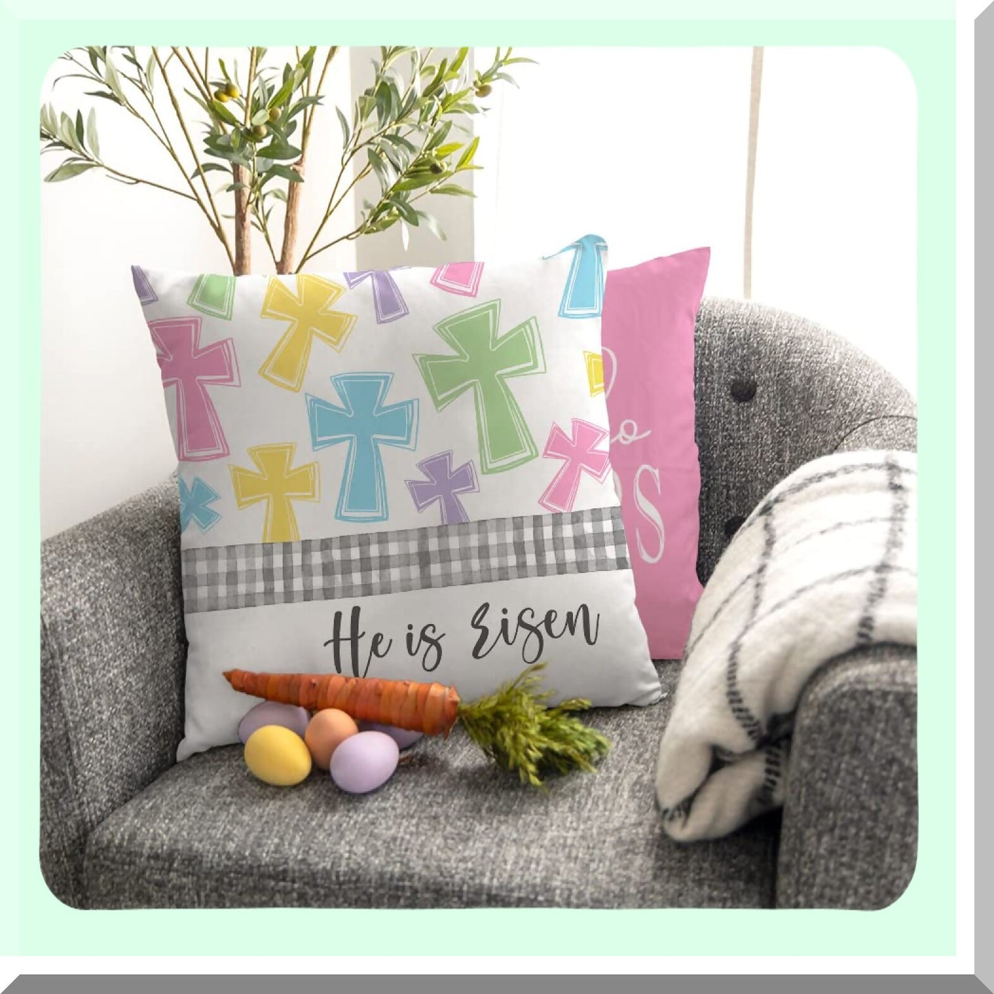 Springtime Joy Pillow Covers - Set of 4 Easter Decorative Cushion Cases 18x18 - Hello Peeps, He is Risen Cross, Hunny Bunny Design for Couch - G205-18