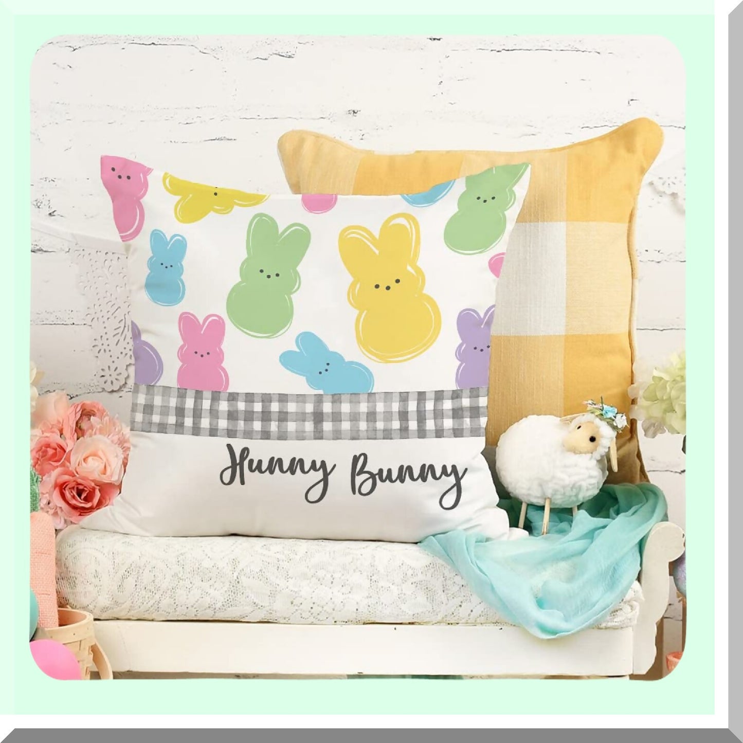 Springtime Joy Pillow Covers - Set of 4 Easter Decorative Cushion Cases 18x18 - Hello Peeps, He is Risen Cross, Hunny Bunny Design for Couch - G205-18