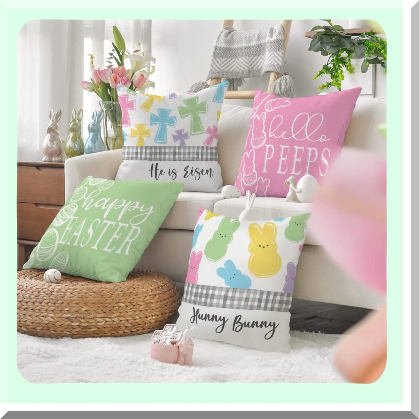 Springtime Joy Pillow Covers - Set of 4 Easter Decorative Cushion Cases 18x18 - Hello Peeps, He is Risen Cross, Hunny Bunny Design for Couch - G205-18