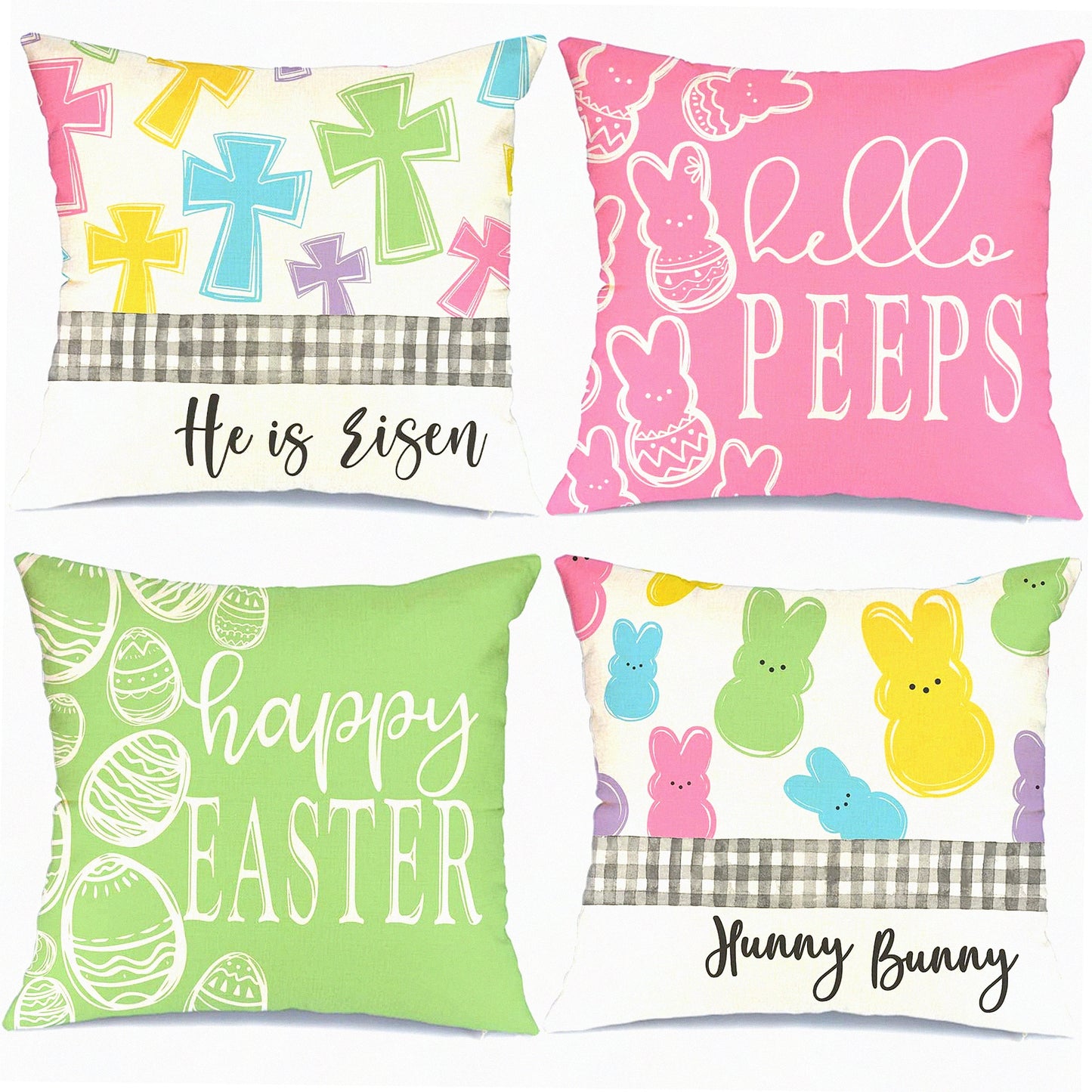 Springtime Joy Pillow Covers - Set of 4 Easter Decorative Cushion Cases 18x18 - Hello Peeps, He is Risen Cross, Hunny Bunny Design for Couch - G205-18