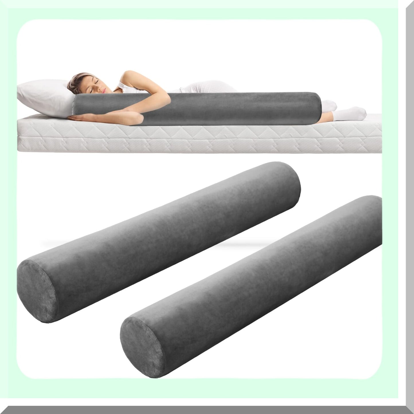 MemoryFoam Body Support Roll - Long Bolster Pillow Set for Back, Neck, Leg, Cervical Relief - Washable Cover - Hugging Sleeping Cylinder Bolsters - Gray