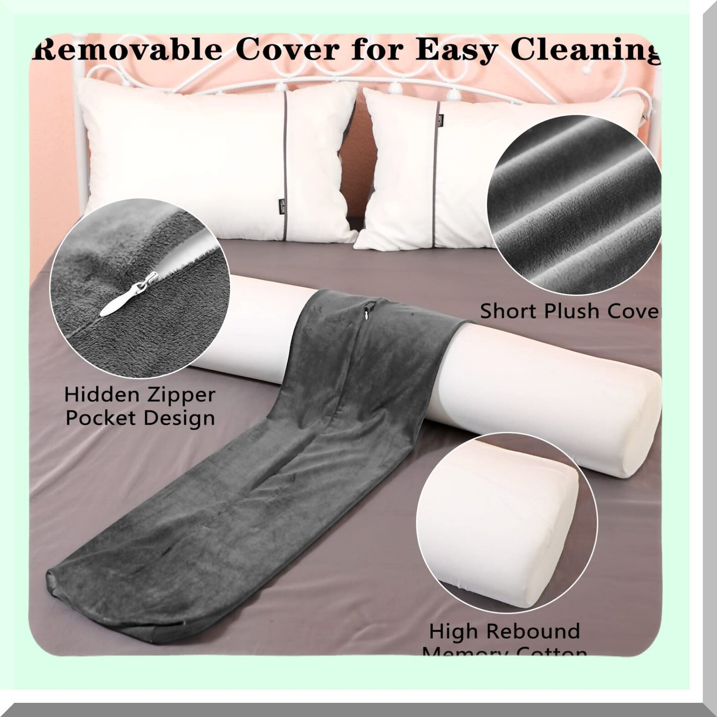 MemoryFoam Body Support Roll - Long Bolster Pillow Set for Back, Neck, Leg, Cervical Relief - Washable Cover - Hugging Sleeping Cylinder Bolsters - Gray