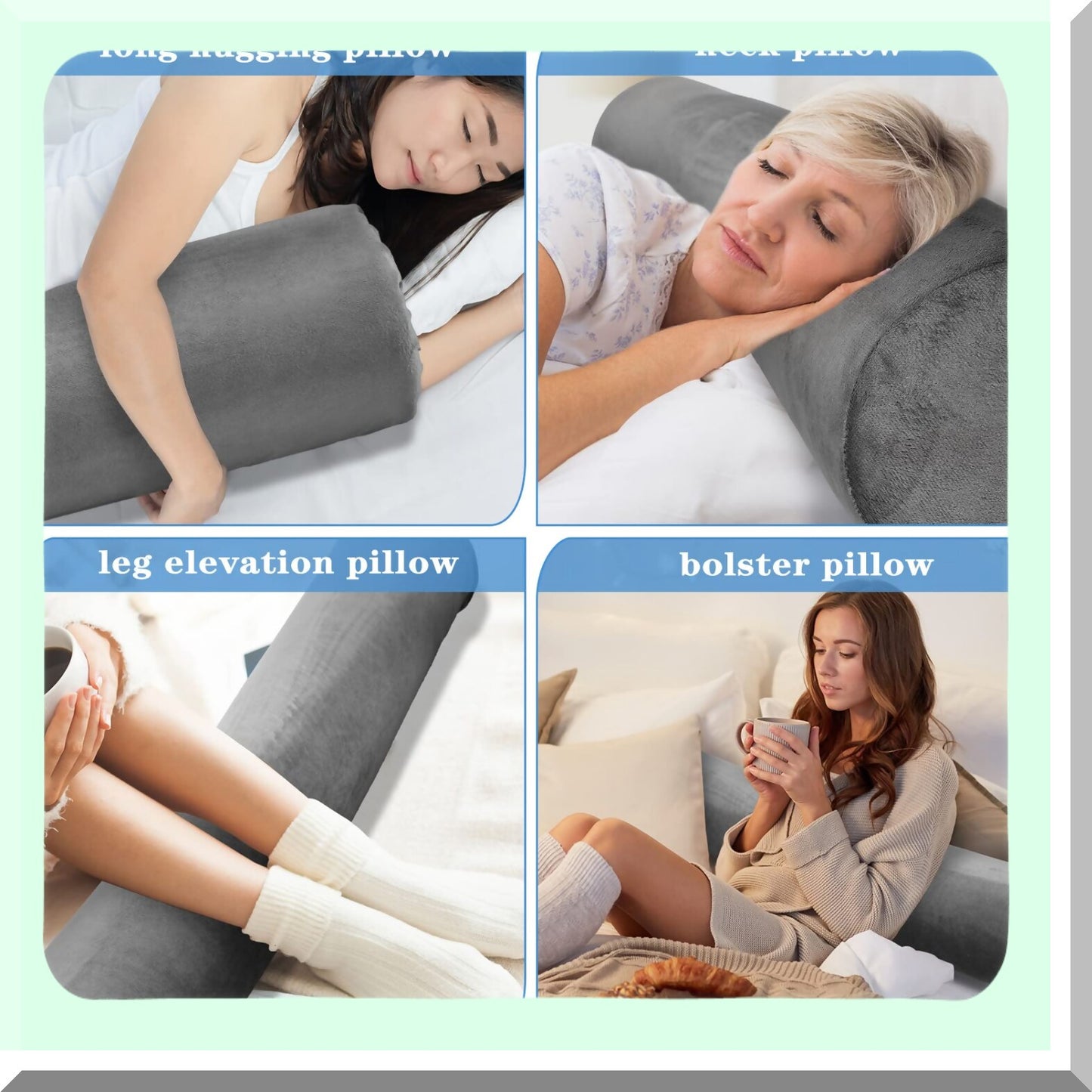 MemoryFoam Body Support Roll - Long Bolster Pillow Set for Back, Neck, Leg, Cervical Relief - Washable Cover - Hugging Sleeping Cylinder Bolsters - Gray