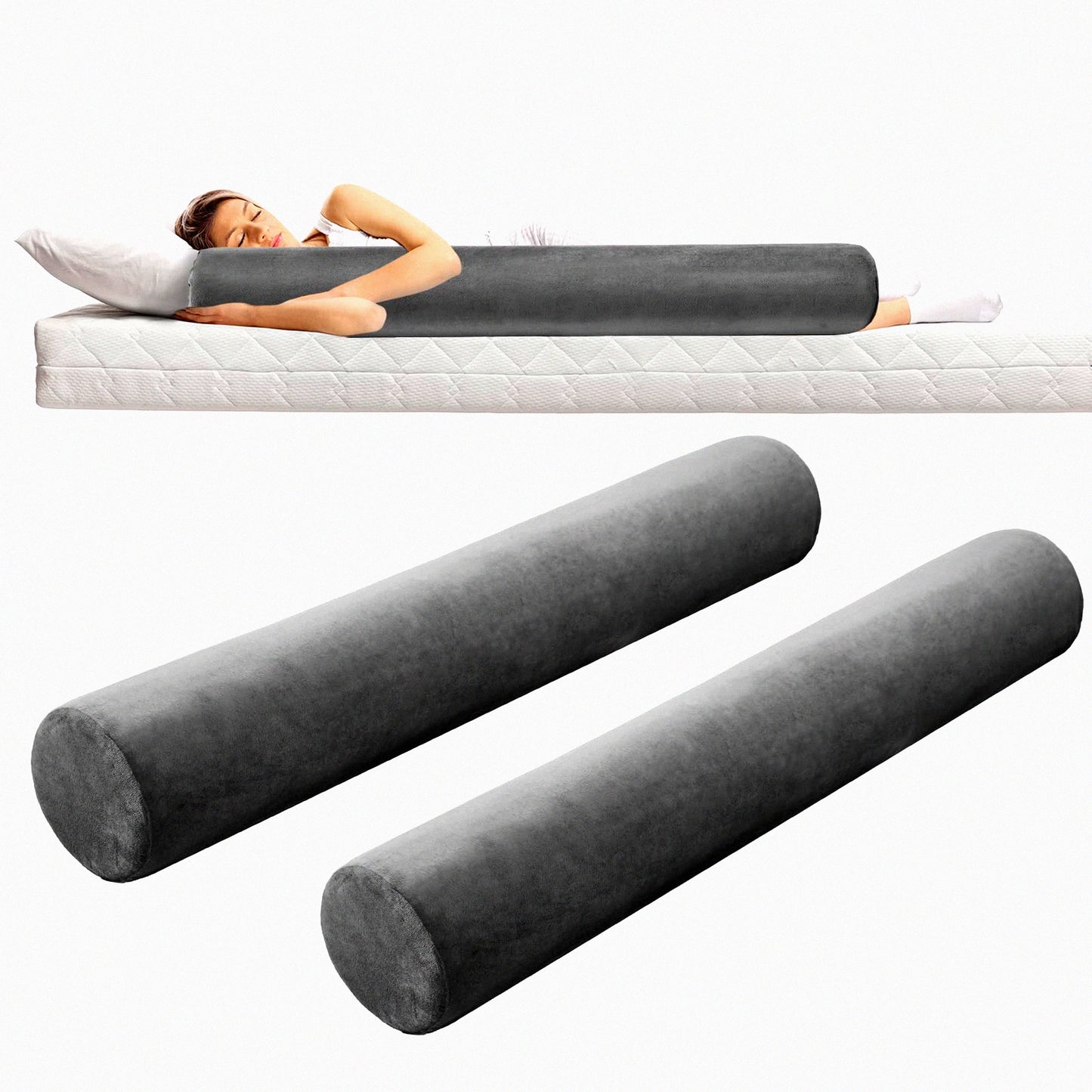 MemoryFoam Body Support Roll - Long Bolster Pillow Set for Back, Neck, Leg, Cervical Relief - Washable Cover - Hugging Sleeping Cylinder Bolsters - Gray