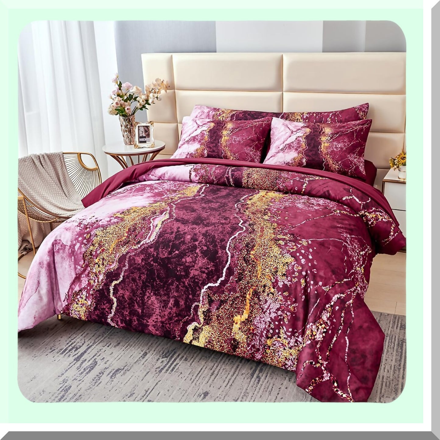 Burgundy Marble Retro Art 6-Piece Queen Bedding Set - Dark Red Comforter & Sheets - Aesthetic All Season Bed in A Bag - Artwork Style