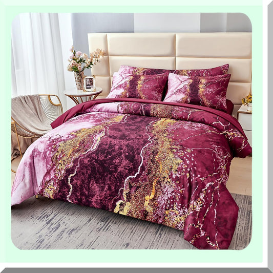 Burgundy Marble Retro Art 6-Piece Queen Bedding Set - Dark Red Comforter & Sheets - Aesthetic All Season Bed in A Bag - Artwork Style