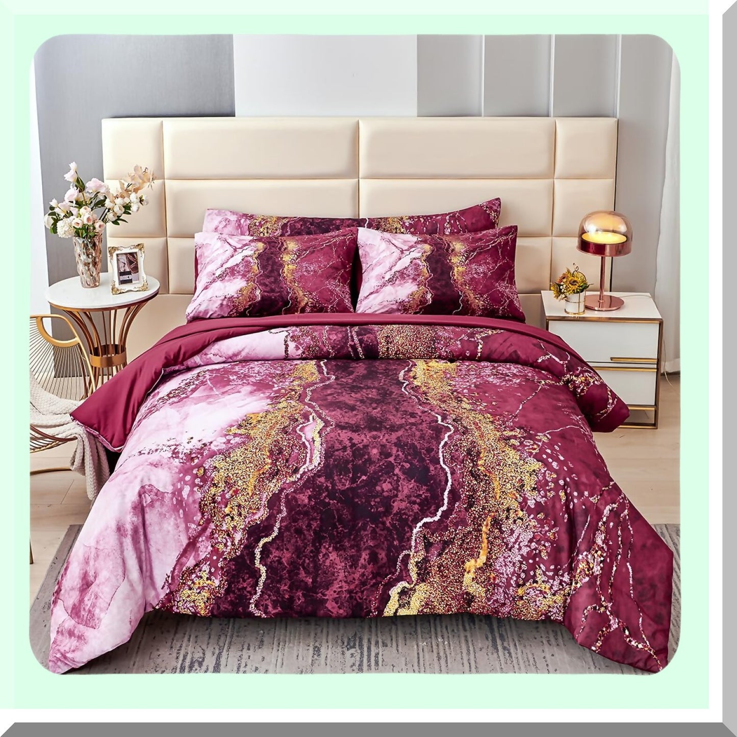 Burgundy Marble Retro Art 6-Piece Queen Bedding Set - Dark Red Comforter & Sheets - Aesthetic All Season Bed in A Bag - Artwork Style