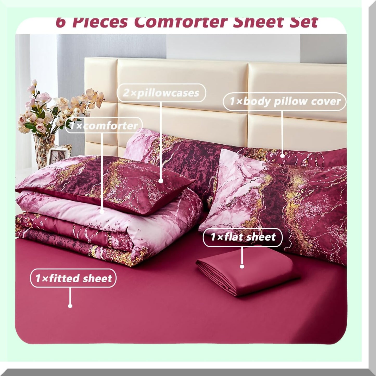 Burgundy Marble Retro Art 6-Piece Queen Bedding Set - Dark Red Comforter & Sheets - Aesthetic All Season Bed in A Bag - Artwork Style