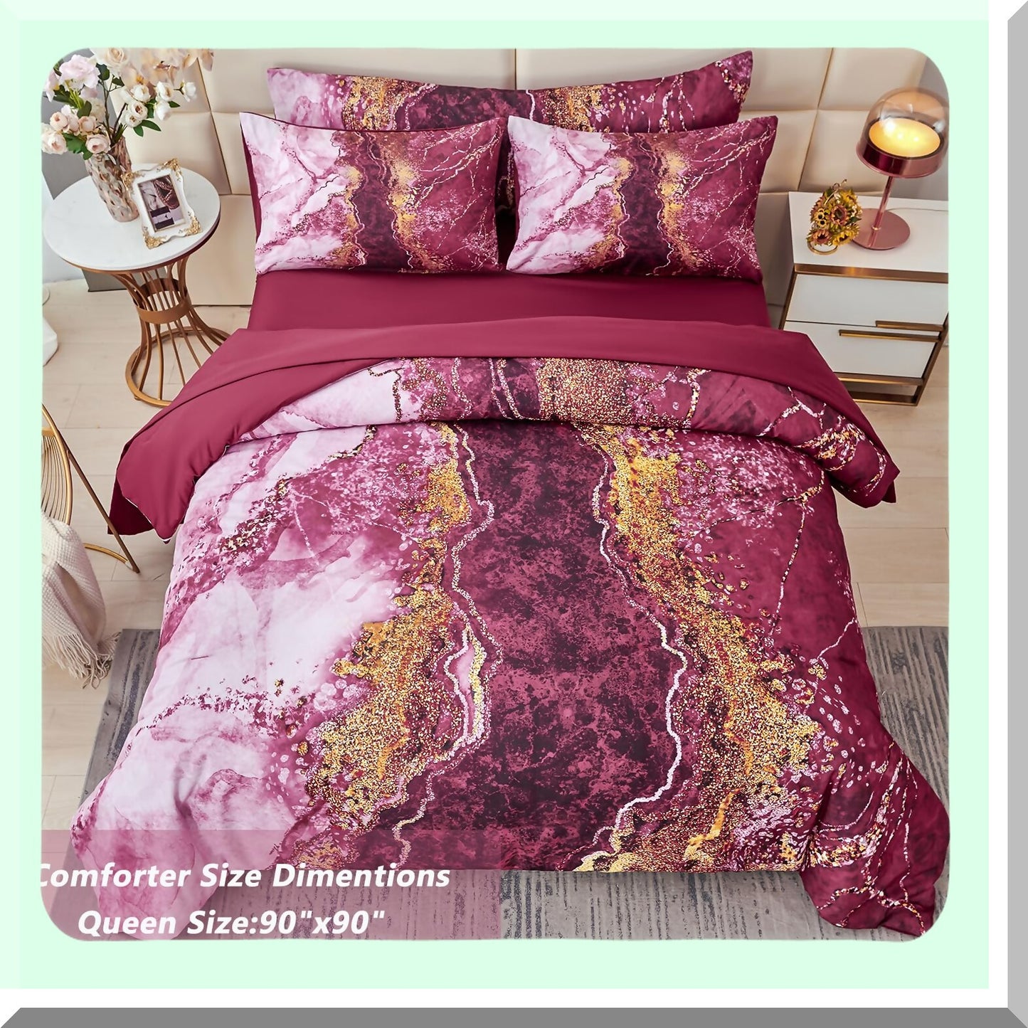 Burgundy Marble Retro Art 6-Piece Queen Bedding Set - Dark Red Comforter & Sheets - Aesthetic All Season Bed in A Bag - Artwork Style
