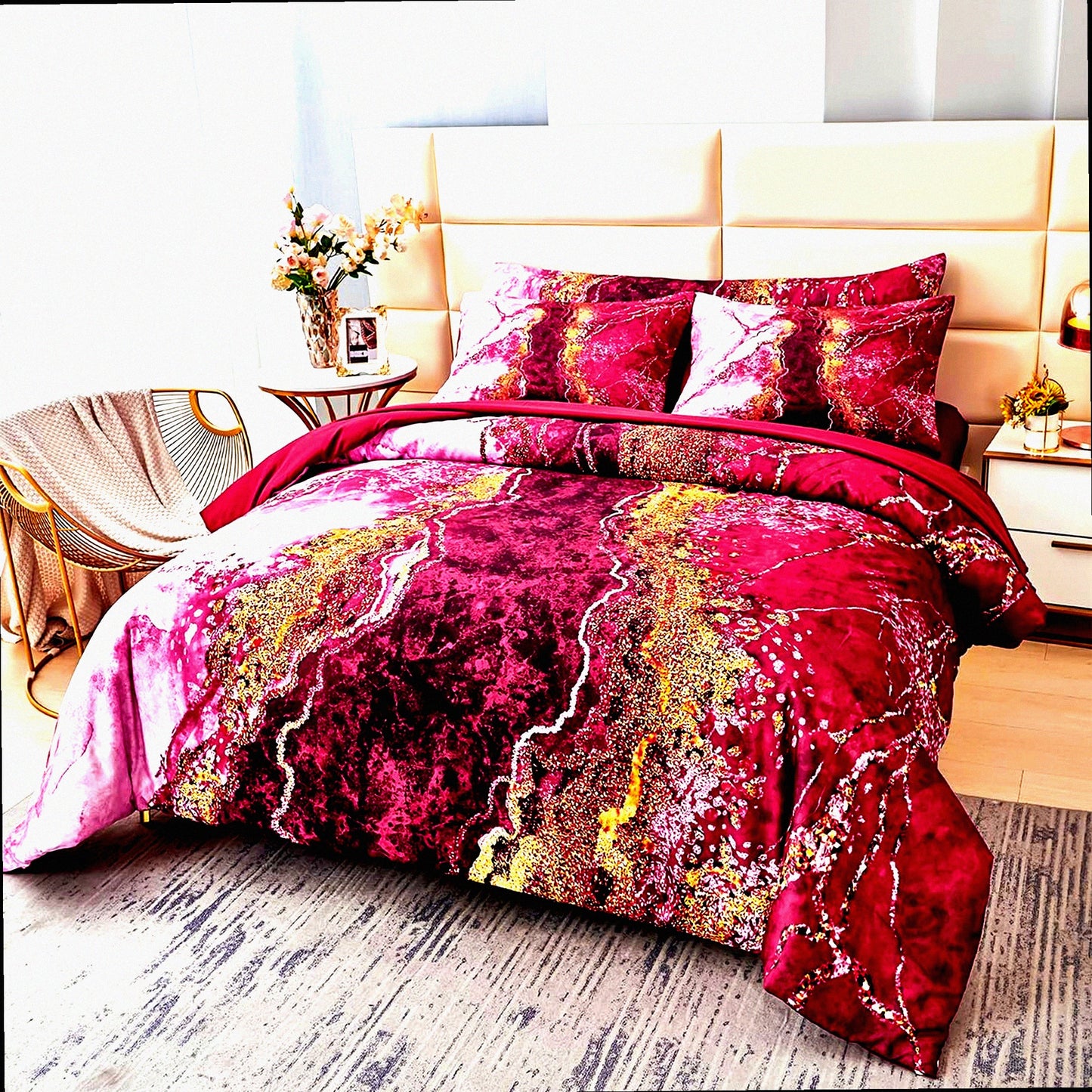 Burgundy Marble Retro Art 6-Piece Queen Bedding Set - Dark Red Comforter & Sheets - Aesthetic All Season Bed in A Bag - Artwork Style