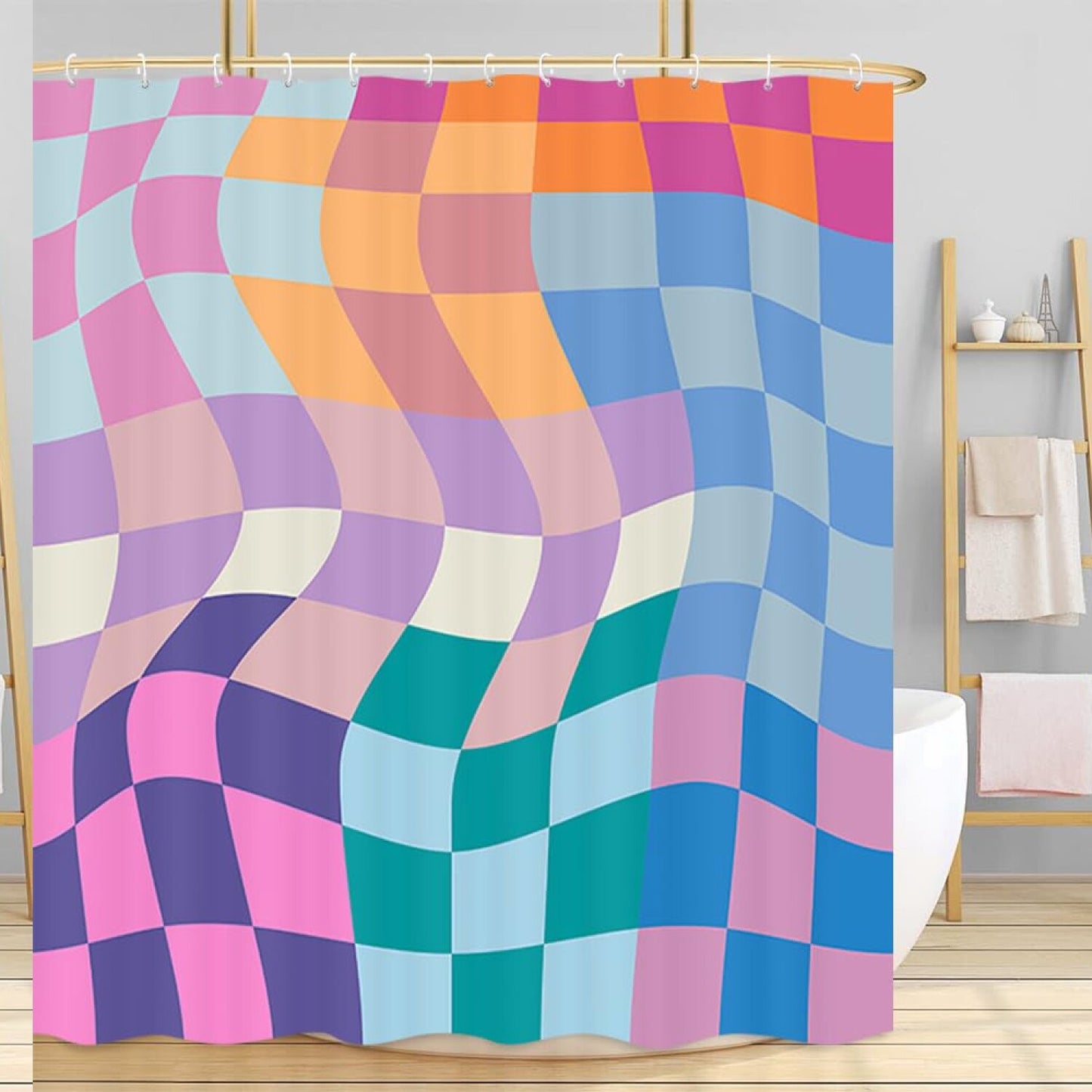 Checkerboard Rainbow Pastel Shower Curtain 72x72in