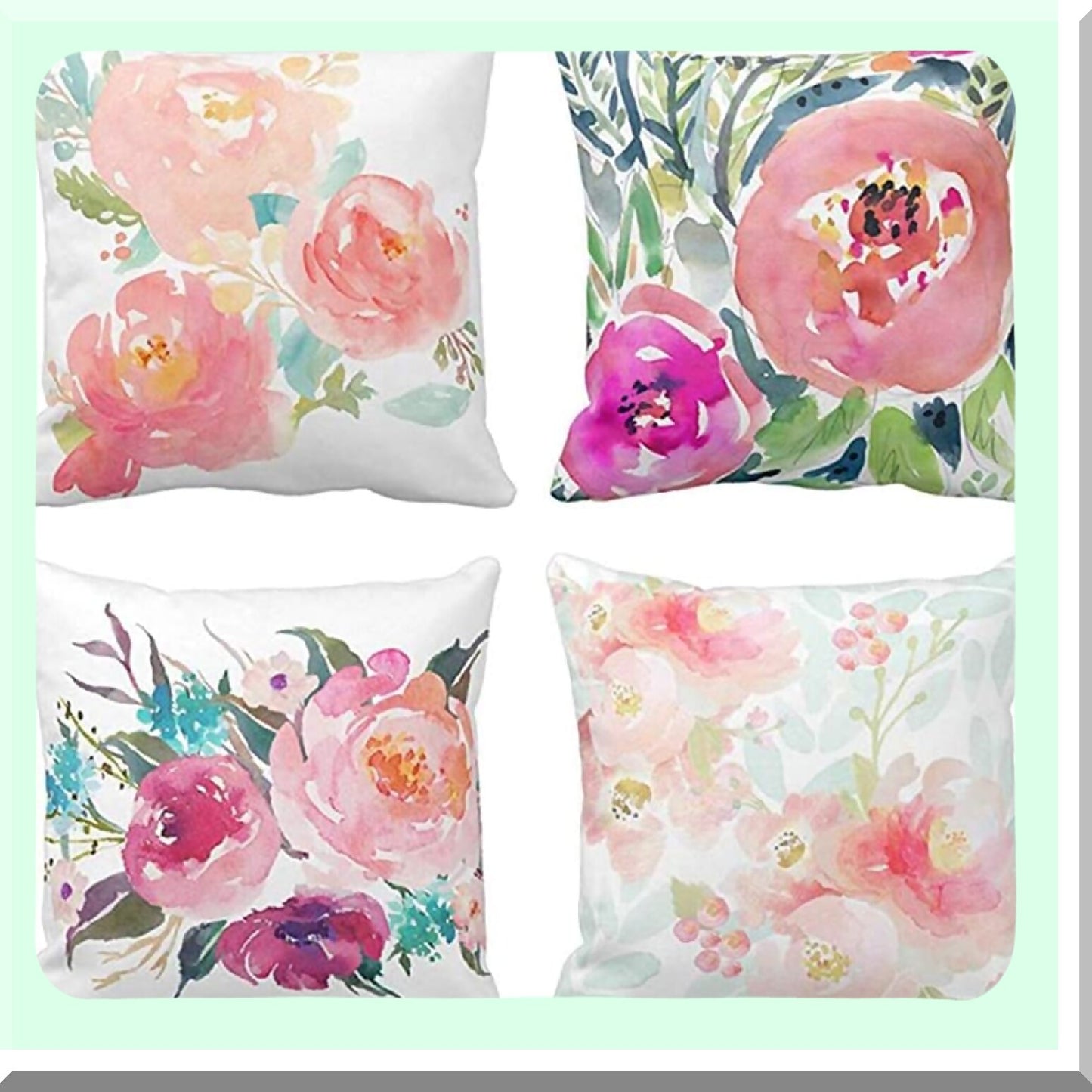 Peony Bloom Summer Watercolor Pillow Covers - Girly Floral Decor - Pastel Mint Colorful Home Decor - Square 20x20 Inches Pillowcases