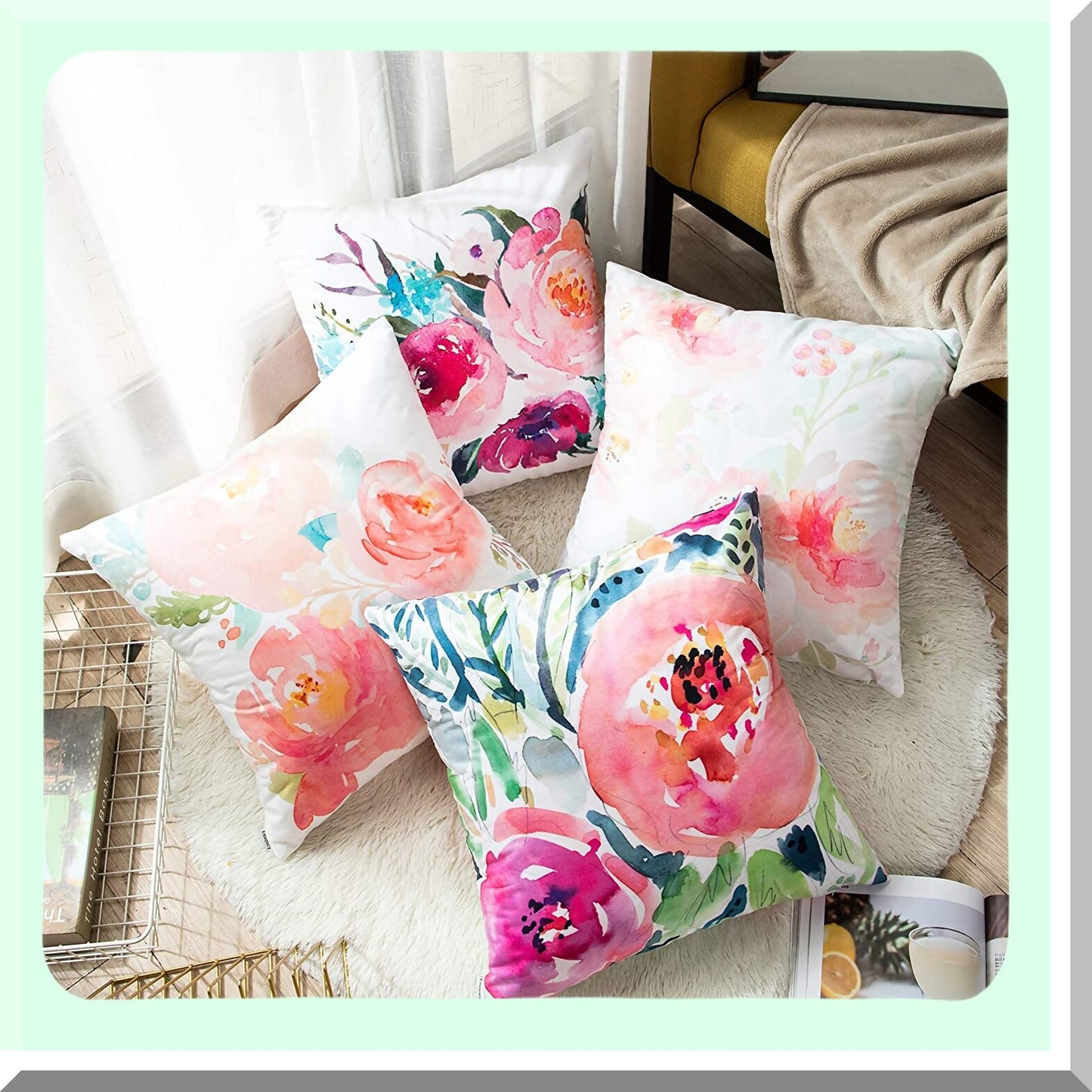 Peony Bloom Summer Watercolor Pillow Covers - Girly Floral Decor - Pastel Mint Colorful Home Decor - Square 20x20 Inches Pillowcases