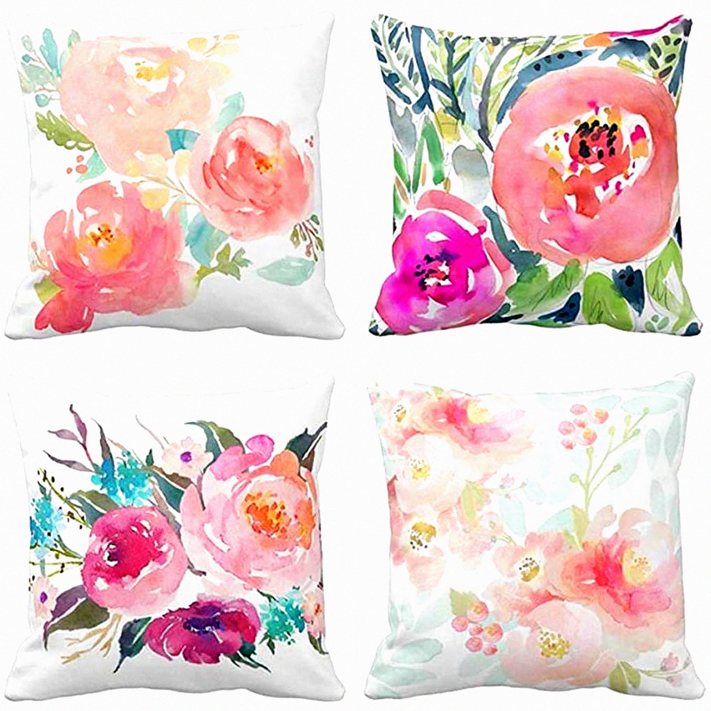 Peony Bloom Summer Watercolor Pillow Covers - Girly Floral Decor - Pastel Mint Colorful Home Decor - Square 20x20 Inches Pillowcases