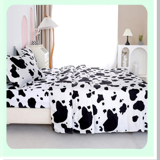 Floral Cows Microfiber Bedding Set - Soft 4-Piece All Seasons Sheets with Deep Pocket Fitted Sheet, Flat Sheet, and 2 Pillowcases - Full Size