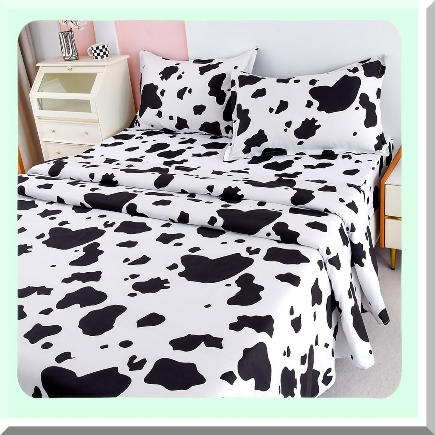 Floral Cows Microfiber Bedding Set - Soft 4-Piece All Seasons Sheets with Deep Pocket Fitted Sheet, Flat Sheet, and 2 Pillowcases - Full Size