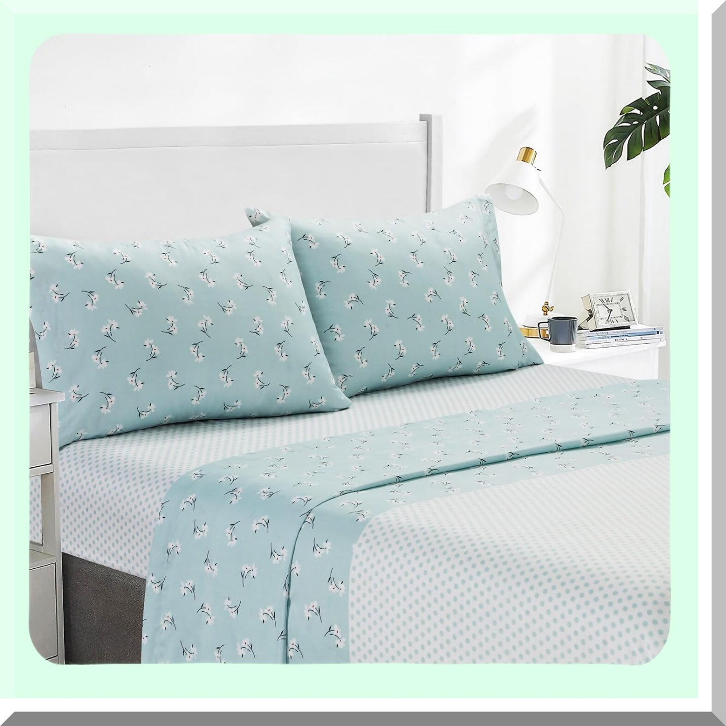 Floral Bliss Twin Sheet Set - Soft Microfiber Bedding with Pillowcase, Flat Sheet, Fitted Sheet - All-Season, Deep Pockets, Green & White Pattern