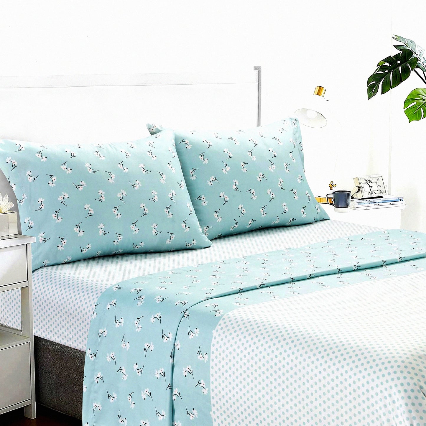 Floral Bliss Twin Sheet Set - Soft Microfiber Bedding with Pillowcase, Flat Sheet, Fitted Sheet - All-Season, Deep Pockets, Green & White Pattern