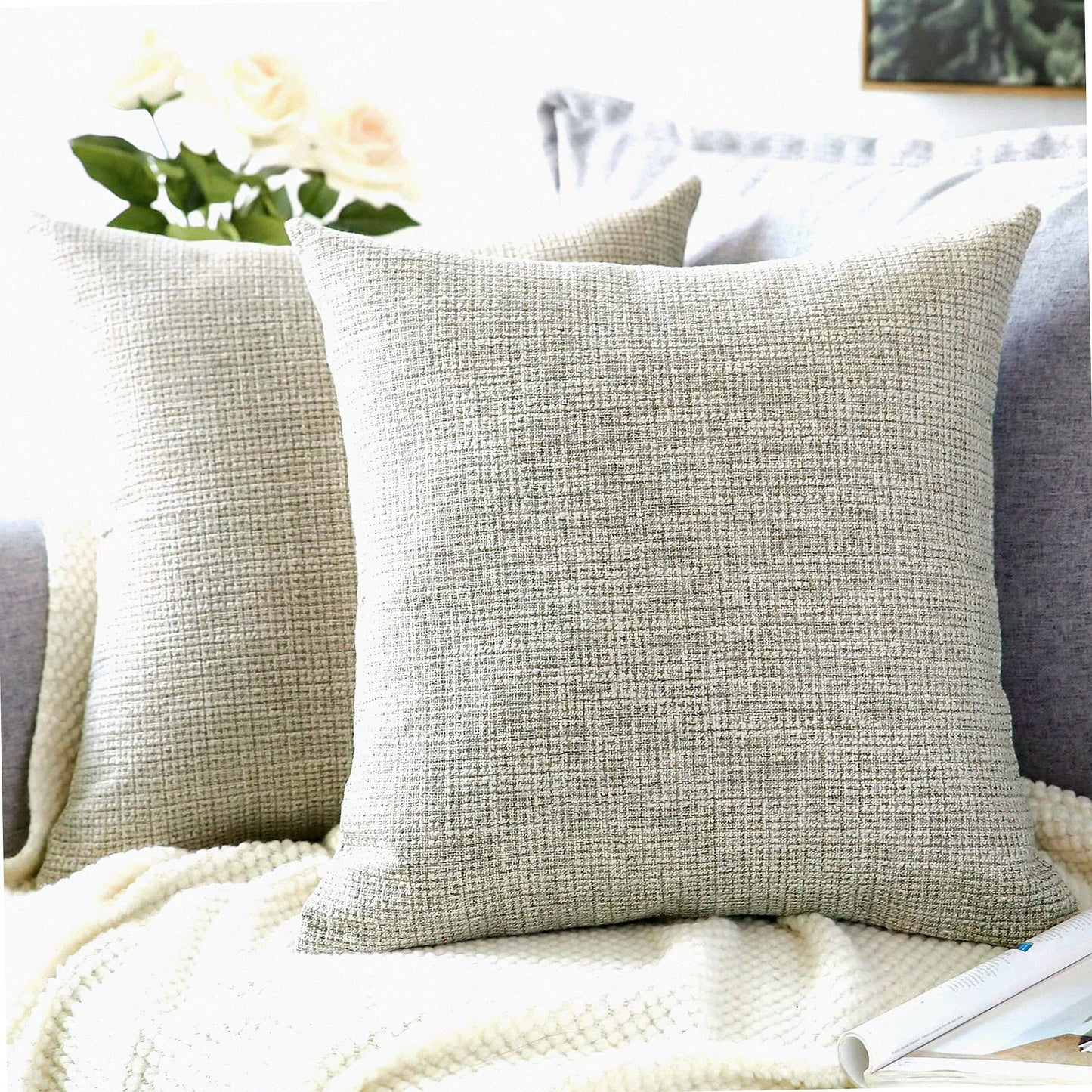 Decorative Linen Pillowcase Set - 24x24 Inch Square Cushion Covers - Home Decor Sofa Bedroom Car - Khaki Throw Pillow Covers - 60 x 60CM - Set of 2